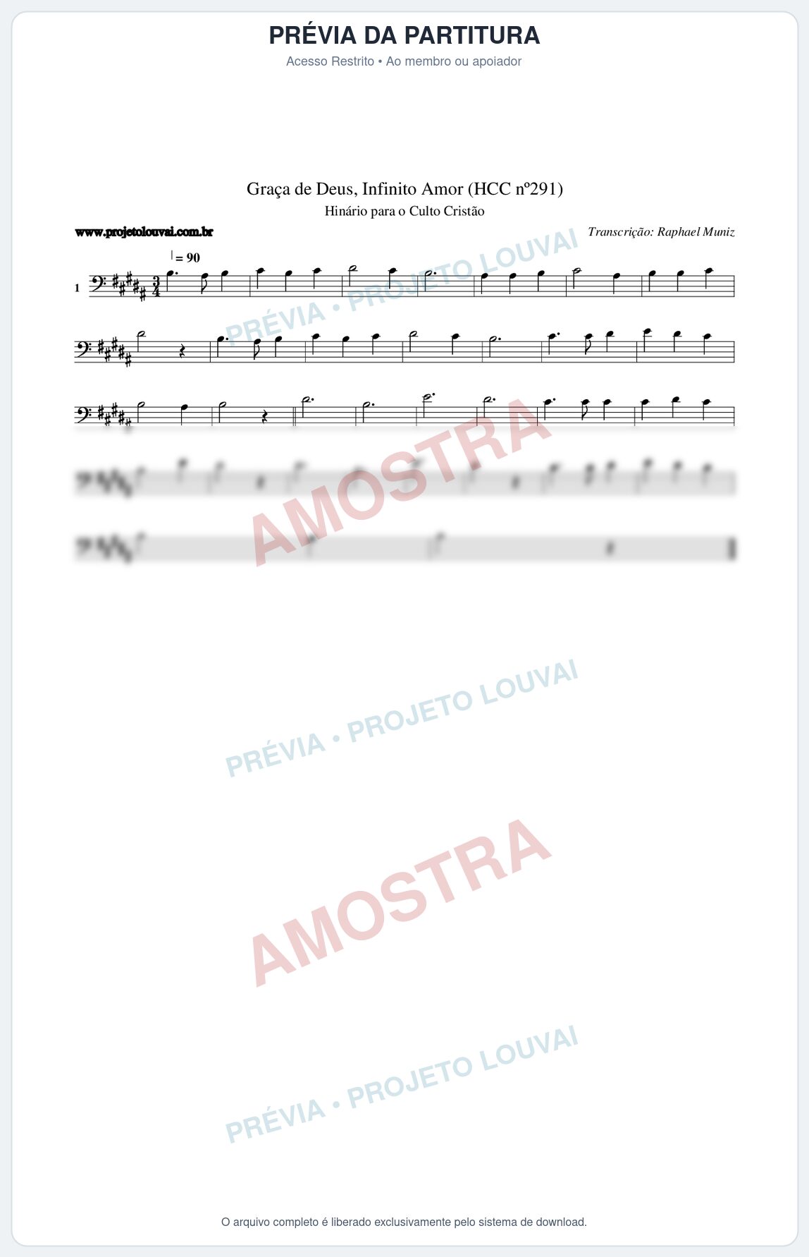Prévia protegida da primeira página da partitura Partitura da música Graça de Deus, Infinito Amor (HCC nº291) - Hinário para o Culto Cristão - Tom B