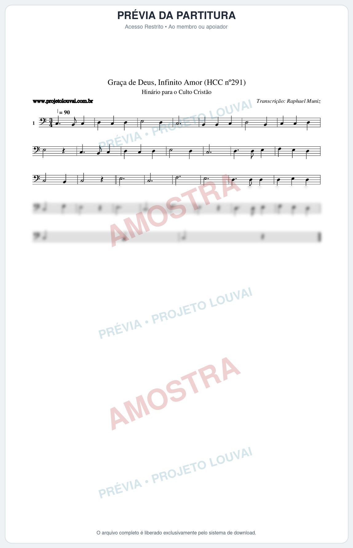 Prévia protegida da primeira página da partitura Partitura da música Graça de Deus, Infinito Amor (HCC nº291) - Hinário para o Culto Cristão - Tom C