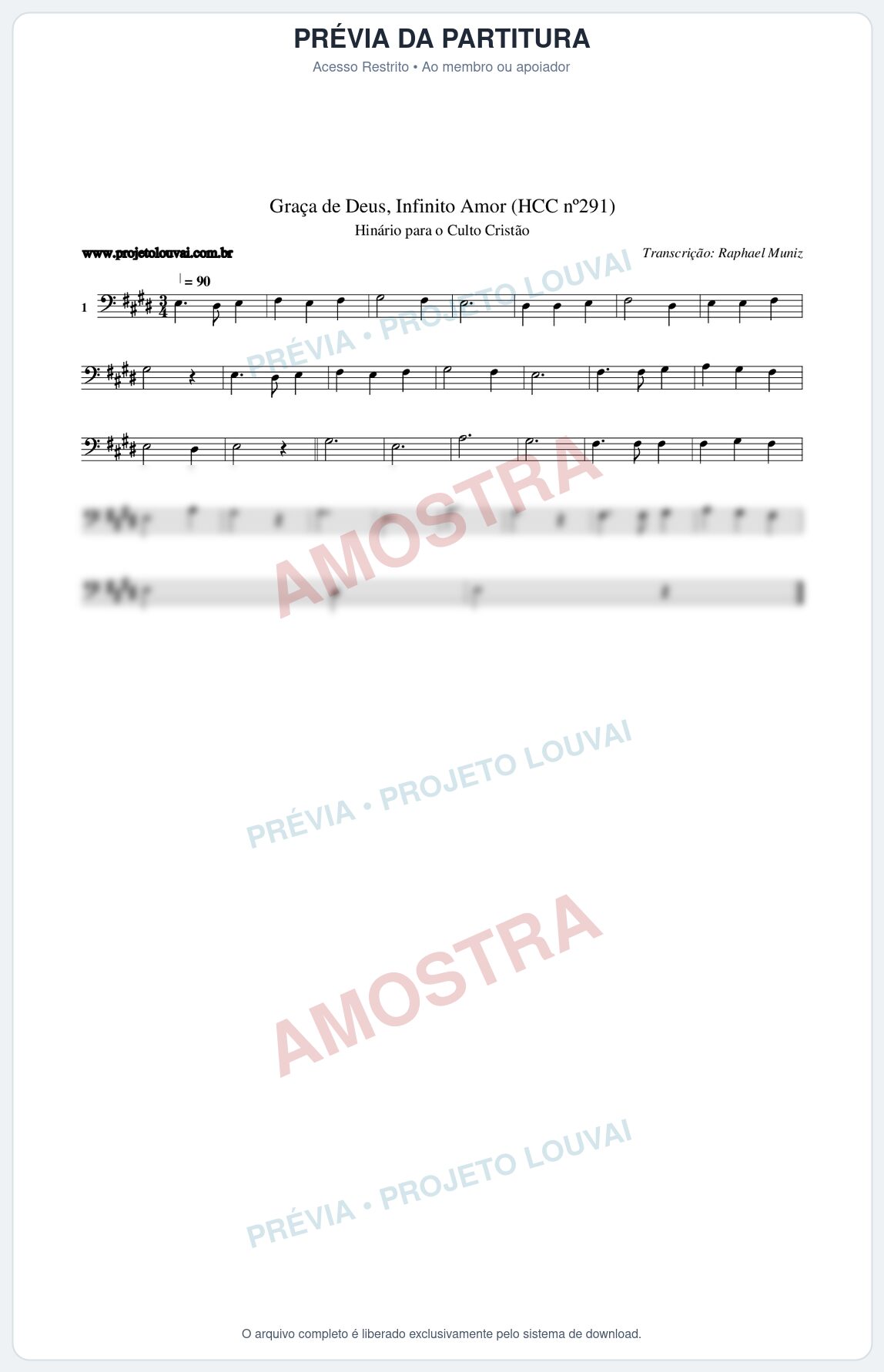 Prévia protegida da primeira página da partitura Partitura da música Graça de Deus, Infinito Amor (HCC nº291) - Hinário para o Culto Cristão - Tom E