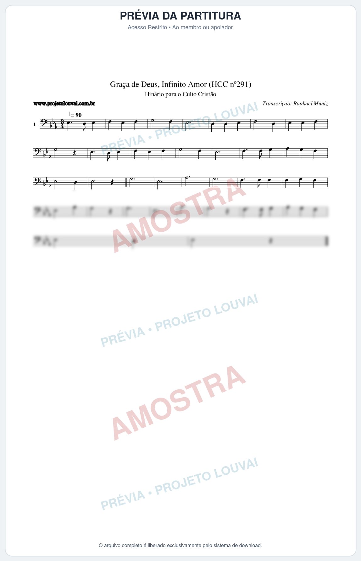 Prévia protegida da primeira página da partitura Partitura da música Graça de Deus, Infinito Amor (HCC nº291) - Hinário para o Culto Cristão - Tom Eb