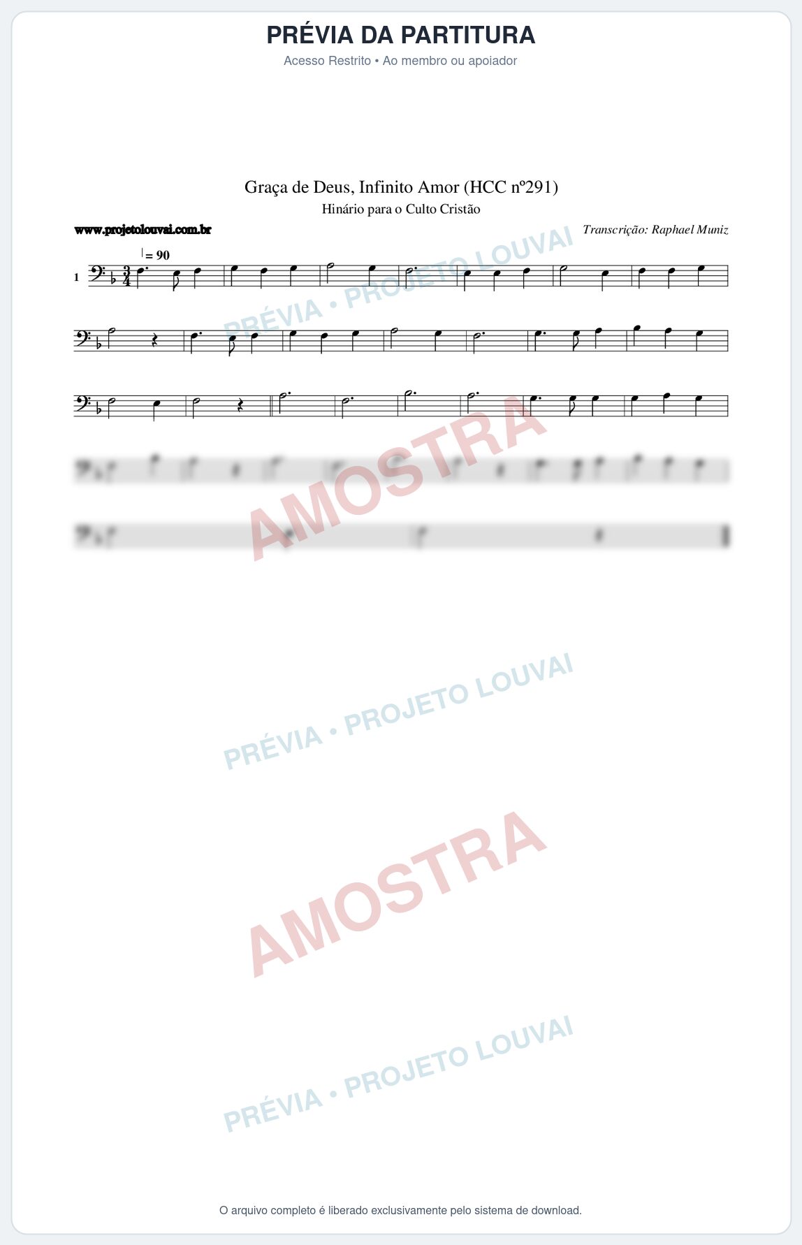 Prévia protegida da primeira página da partitura Partitura da música Graça de Deus, Infinito Amor (HCC nº291) - Hinário para o Culto Cristão - Tom F