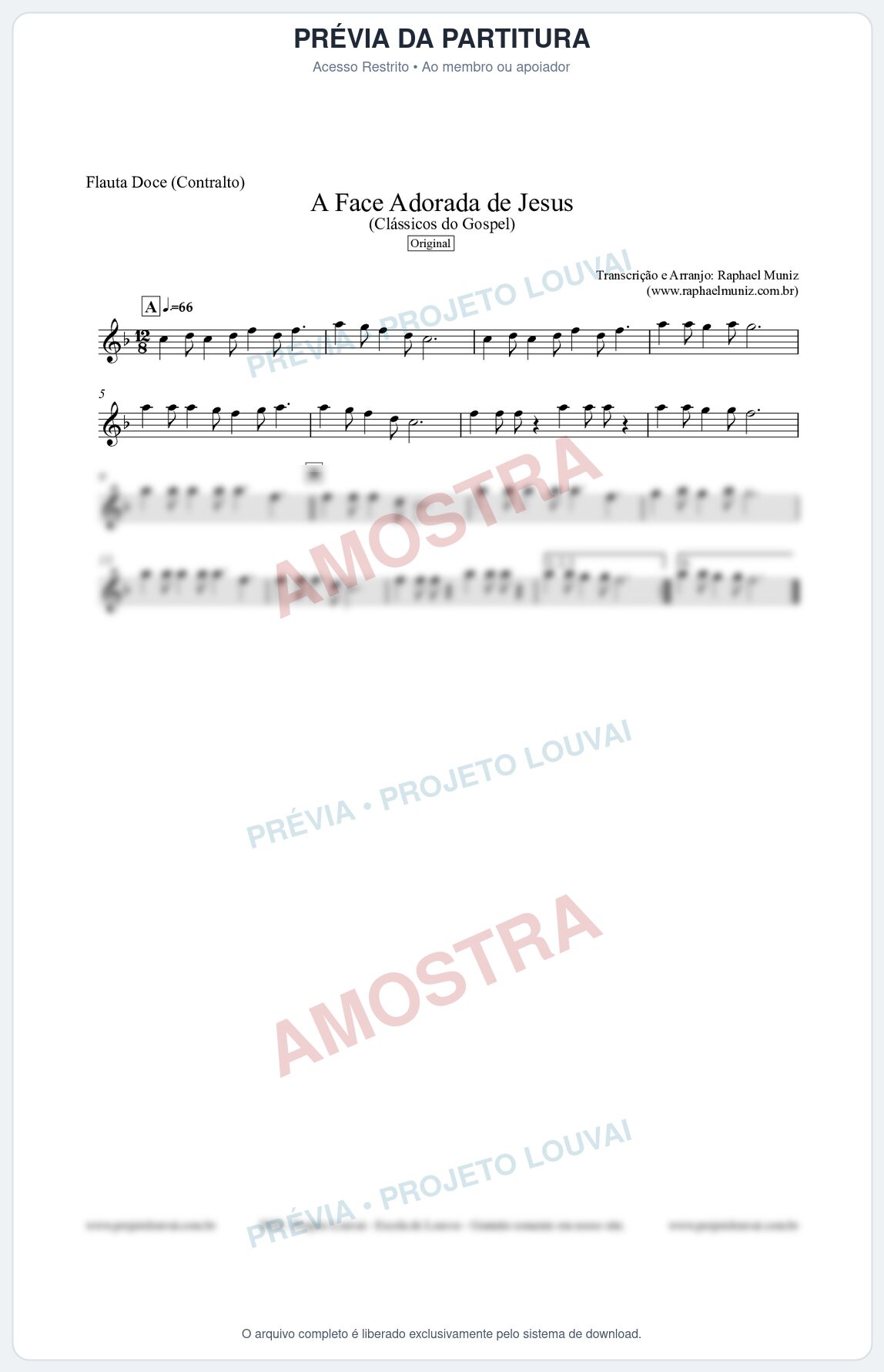Prévia protegida da primeira página da partitura Partitura para Flauta Doce (Contralto) - A Face Adorada de Jesus - Harpa Cristã 304 (Tom F) - Clássicos do Gospel