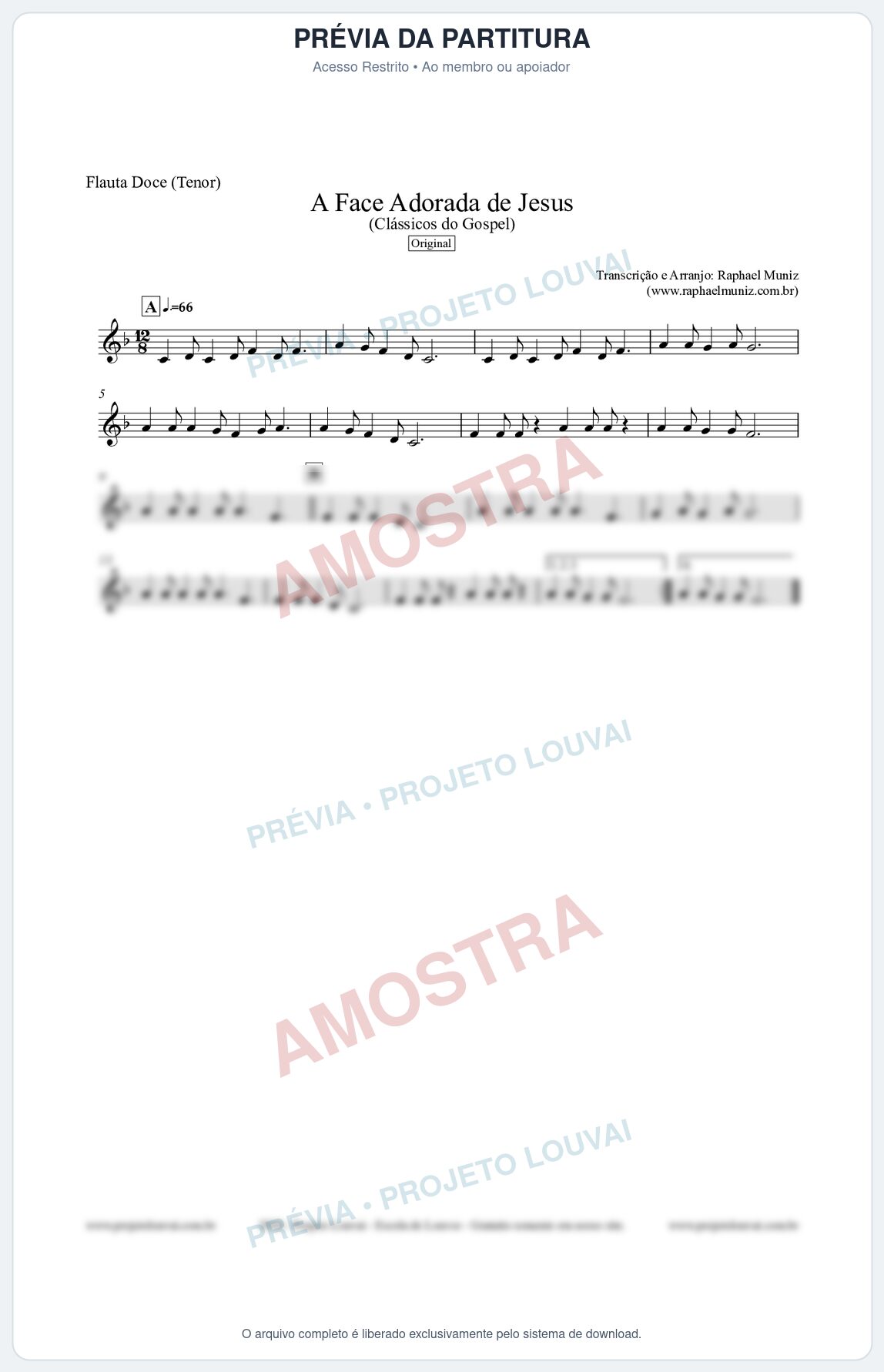 Prévia protegida da primeira página da partitura Partitura para Flauta Doce (Tenor) - A Face Adorada de Jesus - Harpa Cristã 304 (Tom F) - Clássicos do Gospel