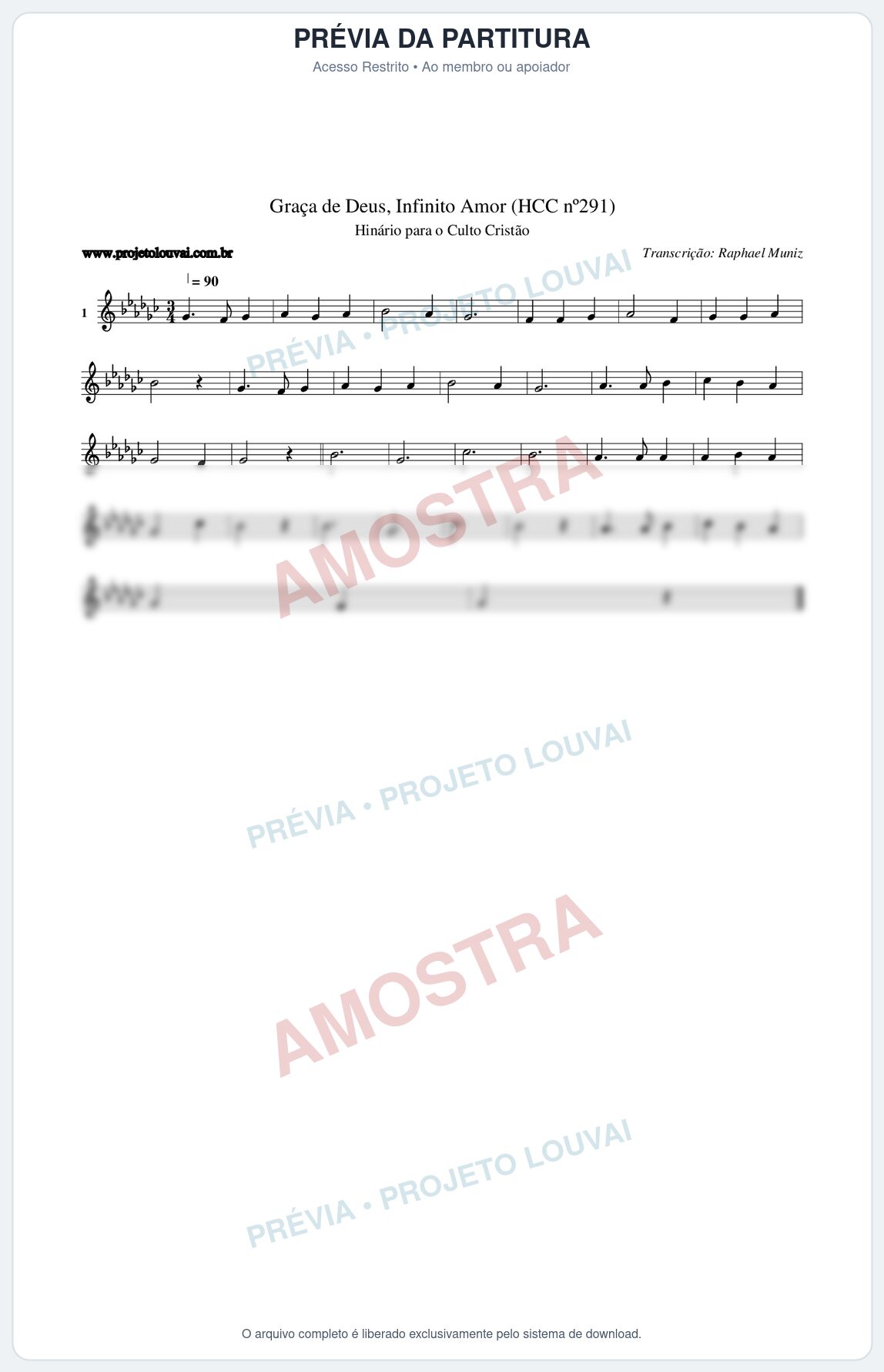 Prévia protegida da primeira página da partitura Partitura da música Graça de Deus, Infinito Amor (HCC nº291) - Hinário para o Culto Cristão - Tom Gb