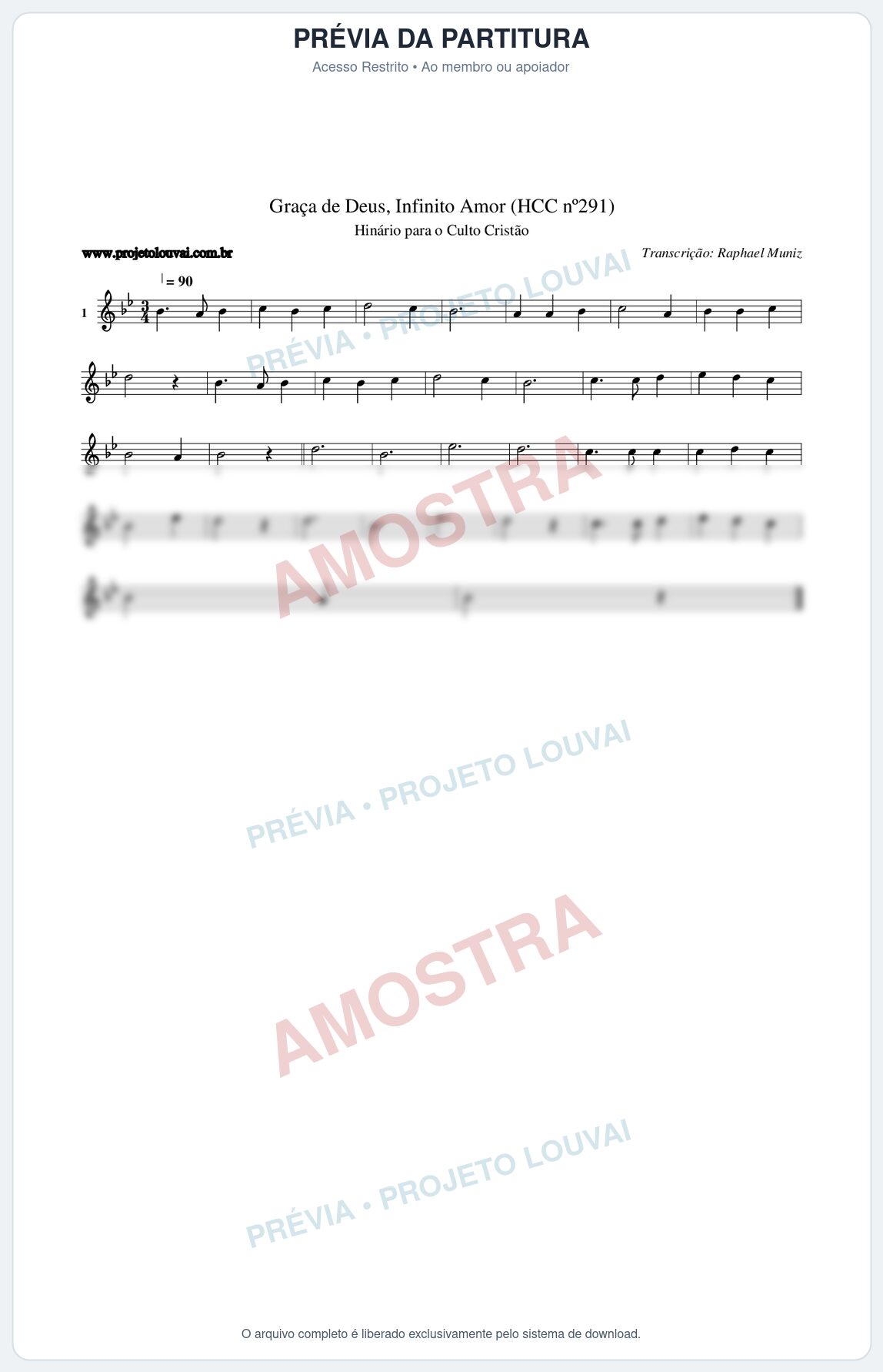 Prévia protegida da primeira página da partitura Partitura da música Graça de Deus, Infinito Amor (HCC nº291) - Hinário para o Culto Cristão - Tom Bb