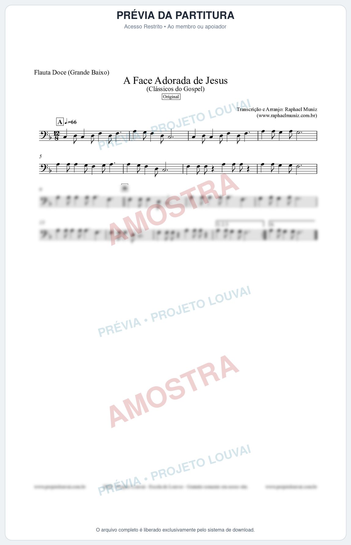 Prévia protegida da primeira página da partitura Partitura para Flauta Doce (Grande Baixo) - A Face Adorada de Jesus - Harpa Cristã 304 (Tom F) - Clássicos do Gospel