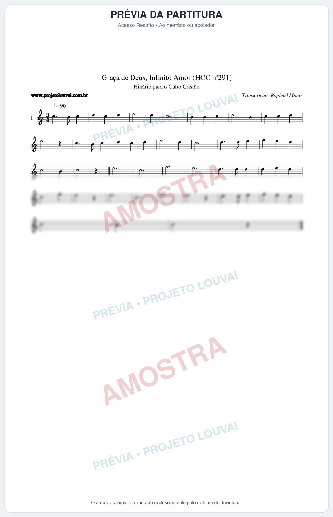Prévia protegida da primeira página da partitura Partitura da música Graça de Deus, Infinito Amor (HCC nº291) - Hinário para o Culto Cristão - Tom C