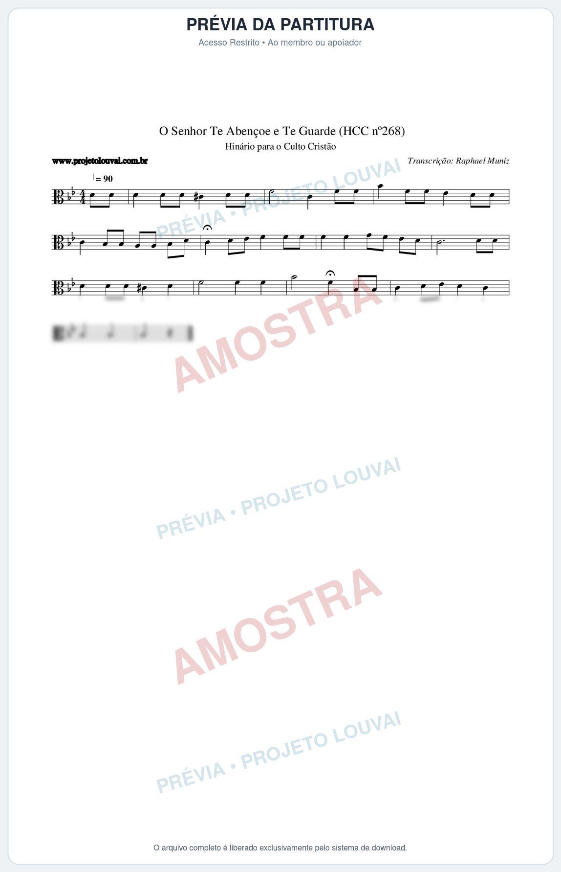 Prévia protegida da primeira página da partitura Partitura da música O Senhor Te Abençoe e Te Guarde (HCC nº268) - Hinário para o Culto Cristão - Tom Bb