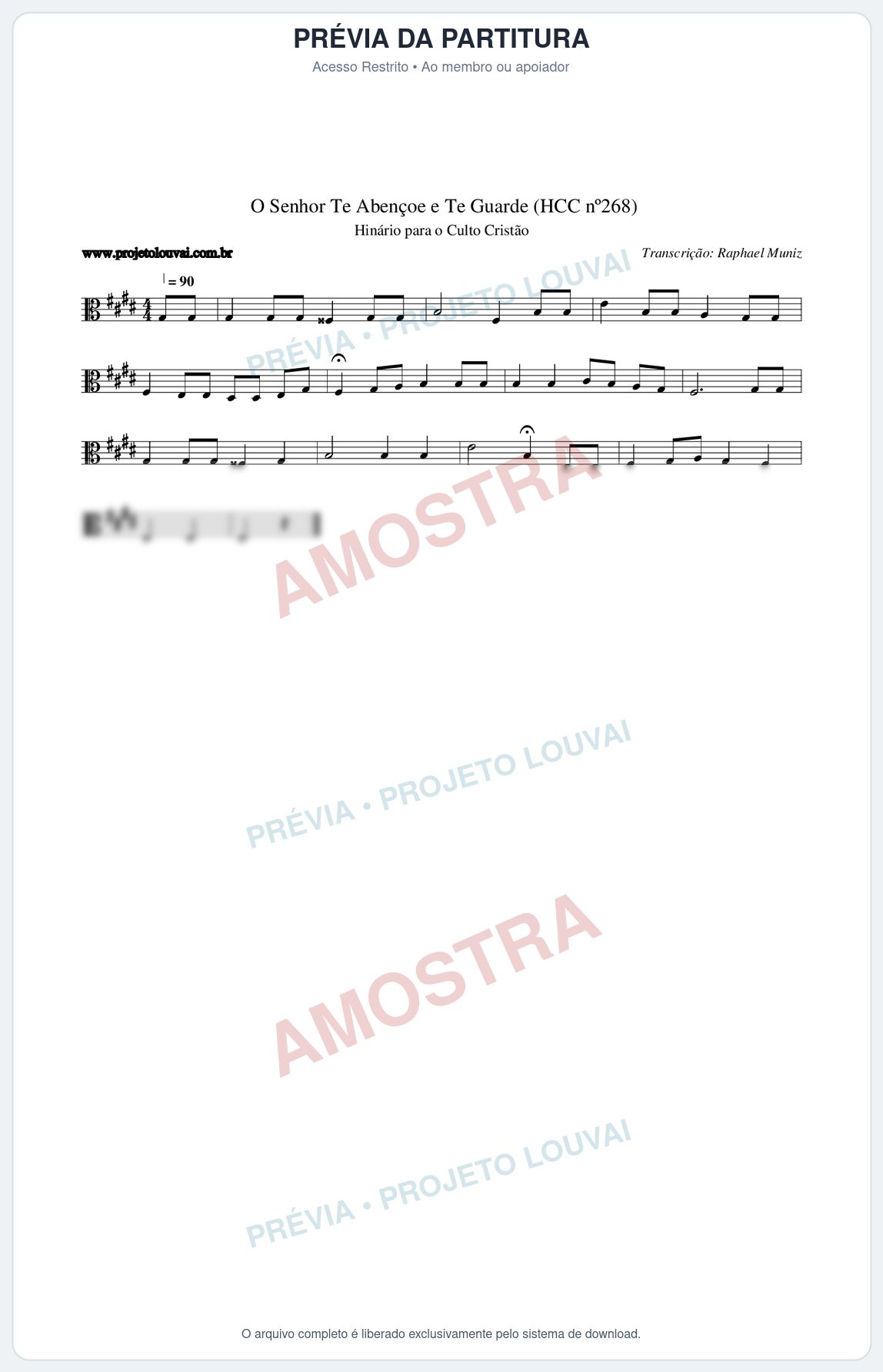 Prévia protegida da primeira página da partitura Partitura da música O Senhor Te Abençoe e Te Guarde (HCC nº268) - Hinário para o Culto Cristão - Tom E