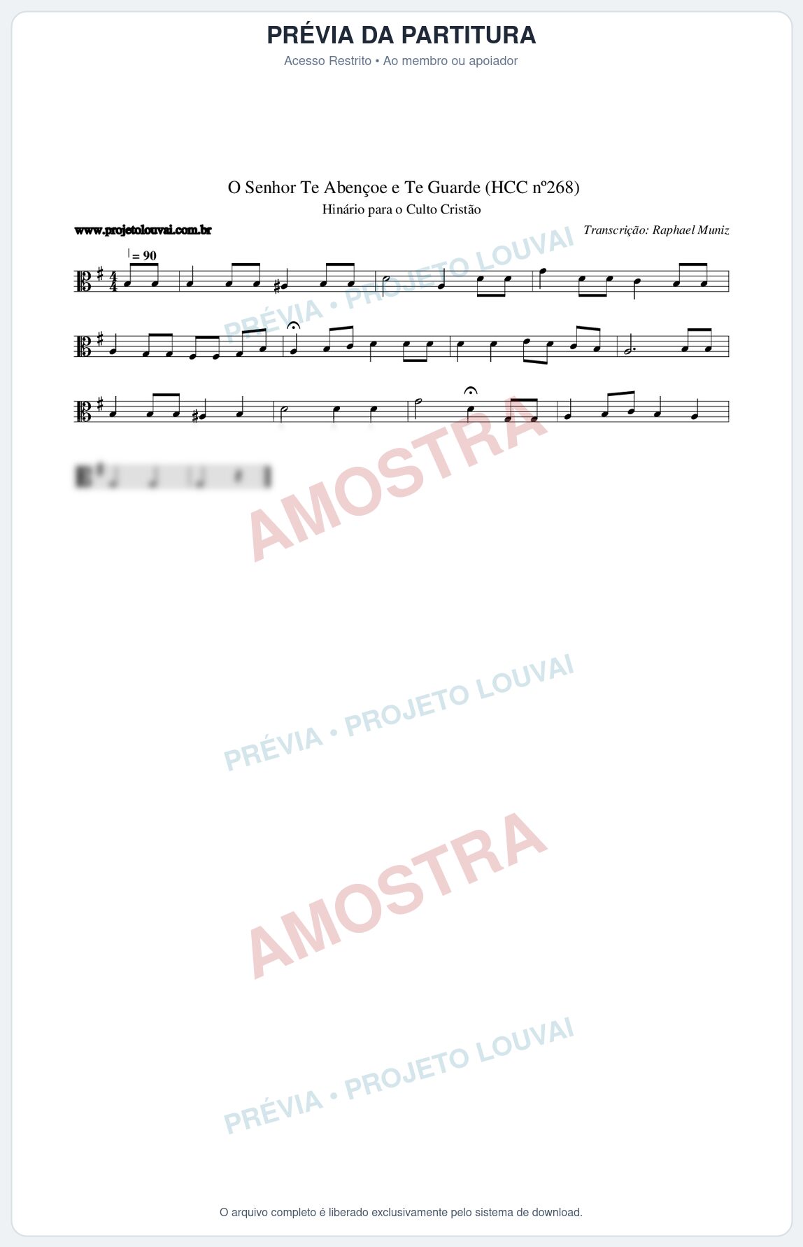 Prévia protegida da primeira página da partitura Partitura da música O Senhor Te Abençoe e Te Guarde (HCC nº268) - Hinário para o Culto Cristão - Tom G