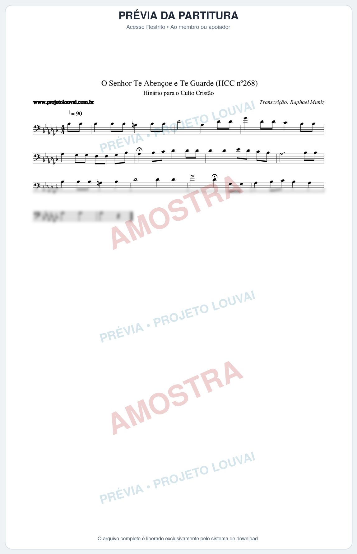 Prévia protegida da primeira página da partitura Partitura da música O Senhor Te Abençoe e Te Guarde (HCC nº268) - Hinário para o Culto Cristão - Tom Gb