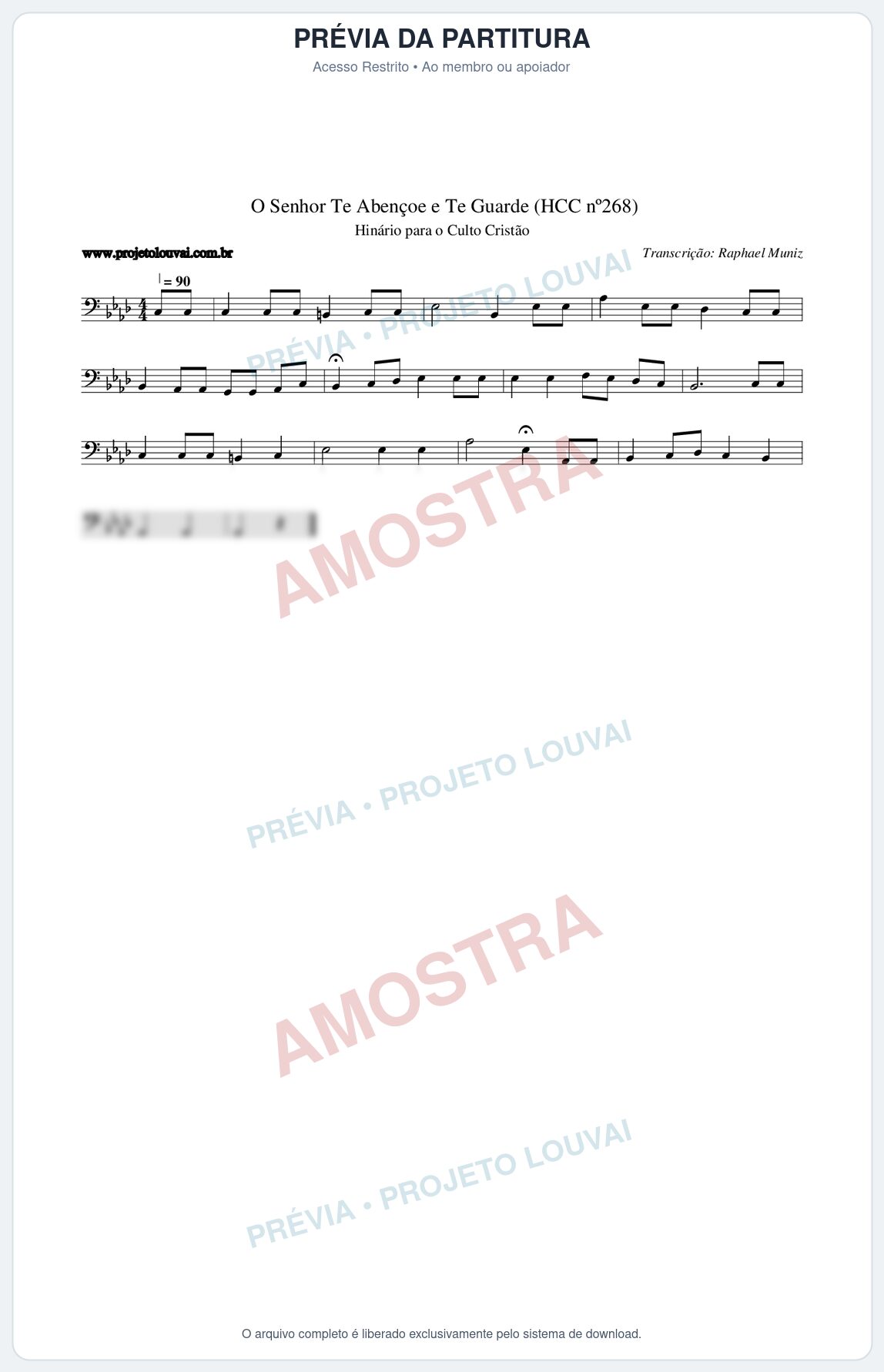 Prévia protegida da primeira página da partitura Partitura da música O Senhor Te Abençoe e Te Guarde (HCC nº268) - Hinário para o Culto Cristão - Tom Ab