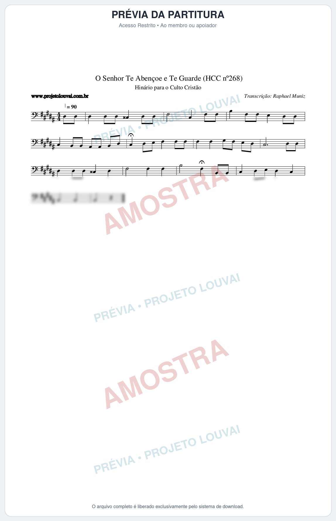 Prévia protegida da primeira página da partitura Partitura da música O Senhor Te Abençoe e Te Guarde (HCC nº268) - Hinário para o Culto Cristão - Tom B