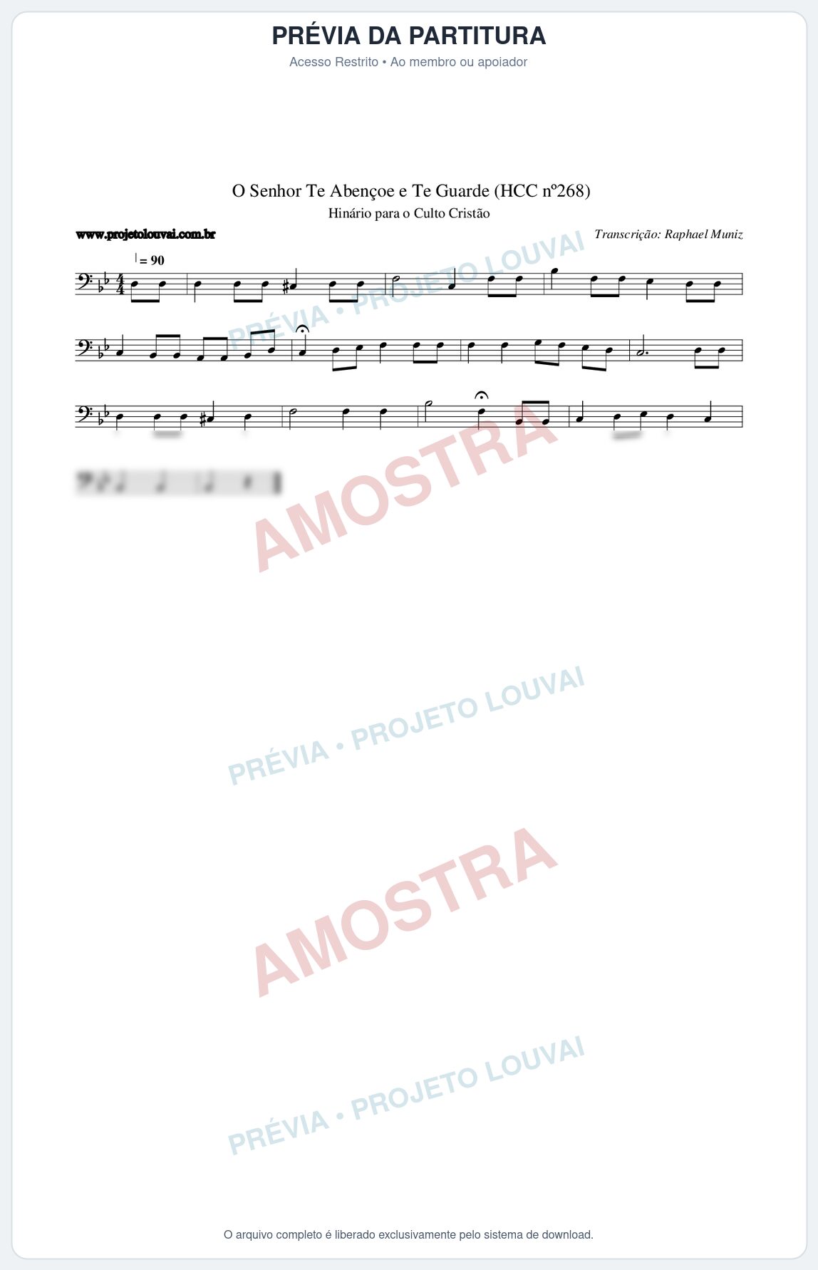 Prévia protegida da primeira página da partitura Partitura da música O Senhor Te Abençoe e Te Guarde (HCC nº268) - Hinário para o Culto Cristão - Tom Bb