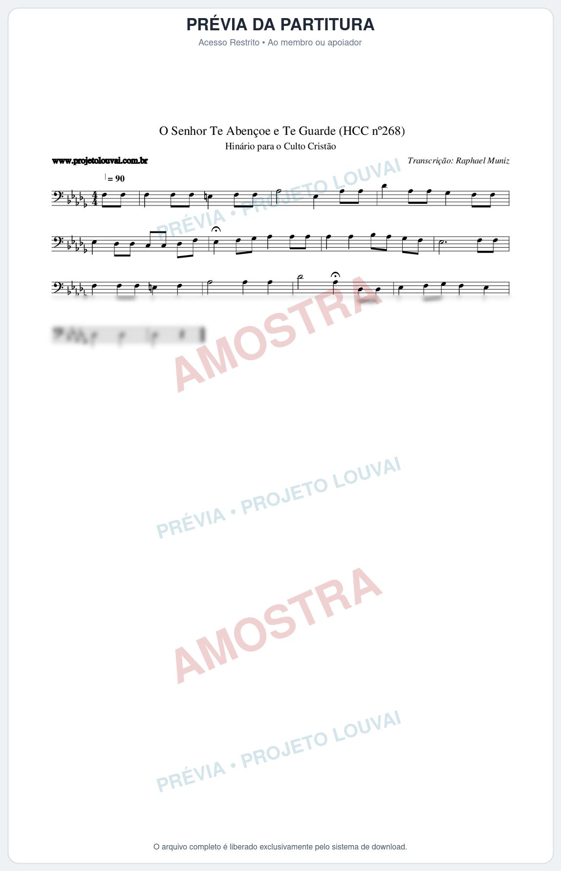 Prévia protegida da primeira página da partitura Partitura da música O Senhor Te Abençoe e Te Guarde (HCC nº268) - Hinário para o Culto Cristão - Tom Db