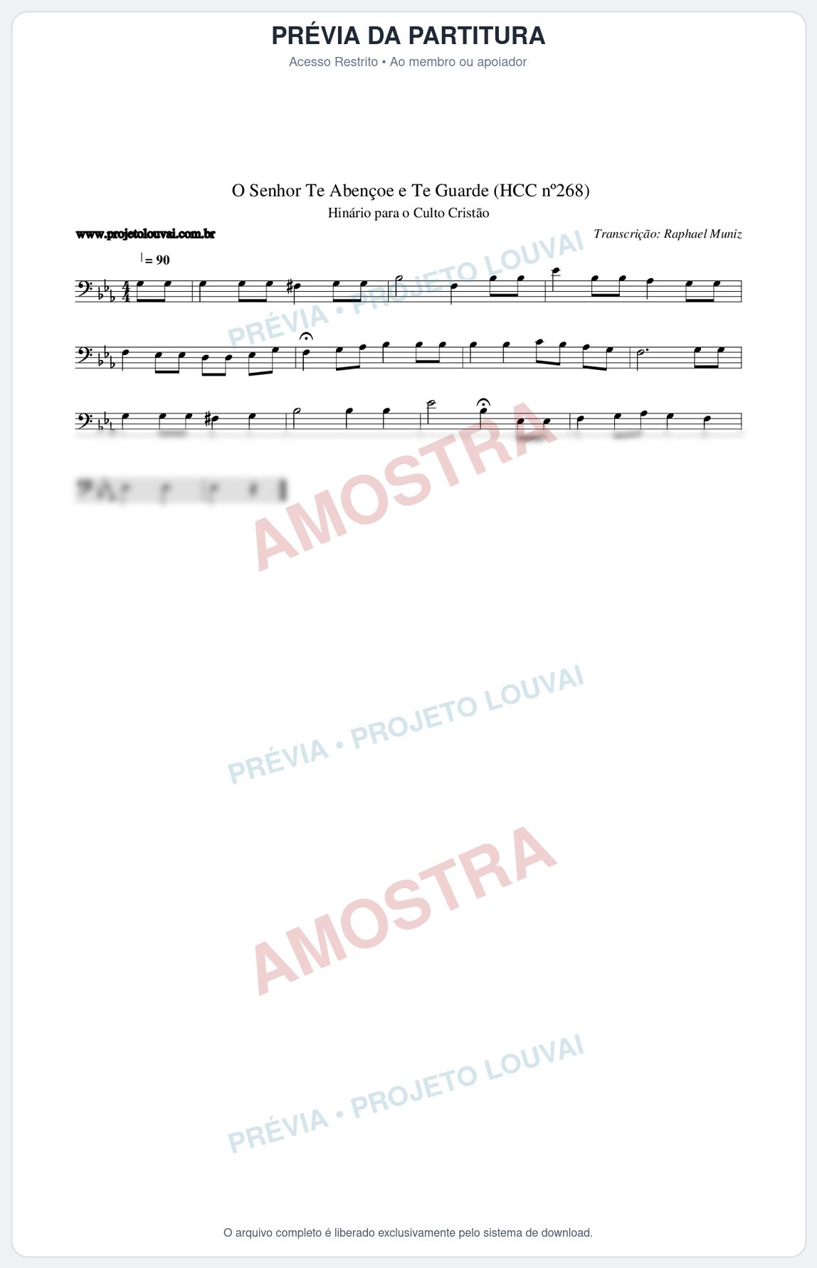 Prévia protegida da primeira página da partitura Partitura da música O Senhor Te Abençoe e Te Guarde (HCC nº268) - Hinário para o Culto Cristão - Tom Eb