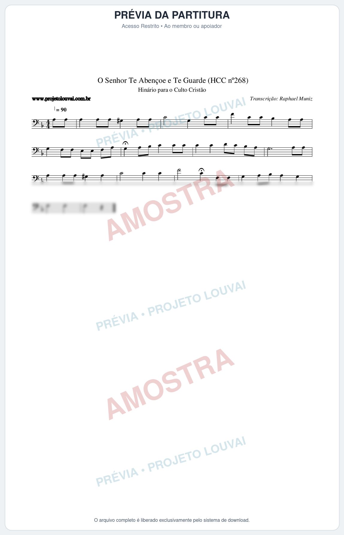 Prévia protegida da primeira página da partitura Partitura da música O Senhor Te Abençoe e Te Guarde (HCC nº268) - Hinário para o Culto Cristão - Tom F