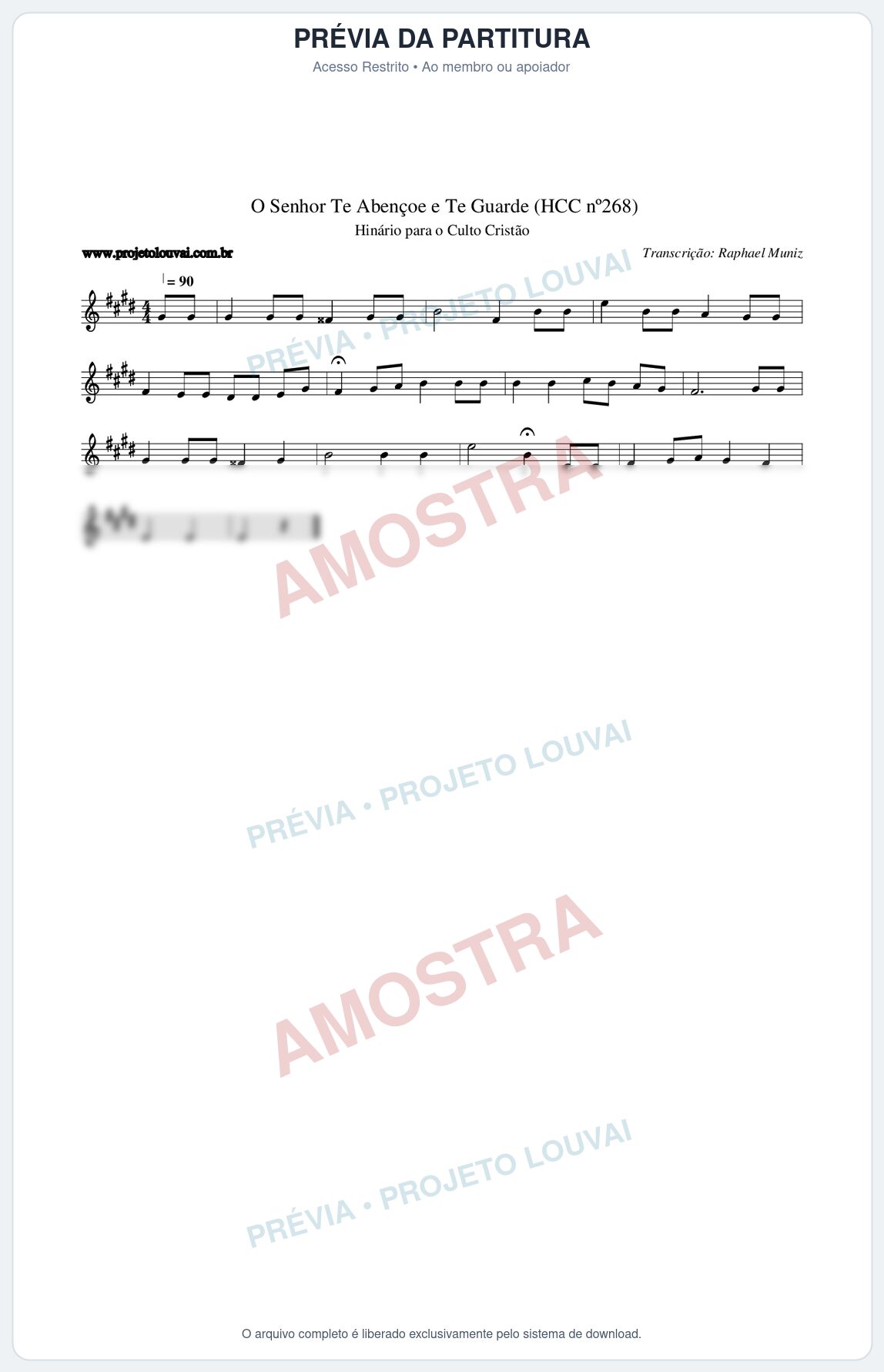 Prévia protegida da primeira página da partitura Partitura da música O Senhor Te Abençoe e Te Guarde (HCC nº268) - Hinário para o Culto Cristão - Tom E