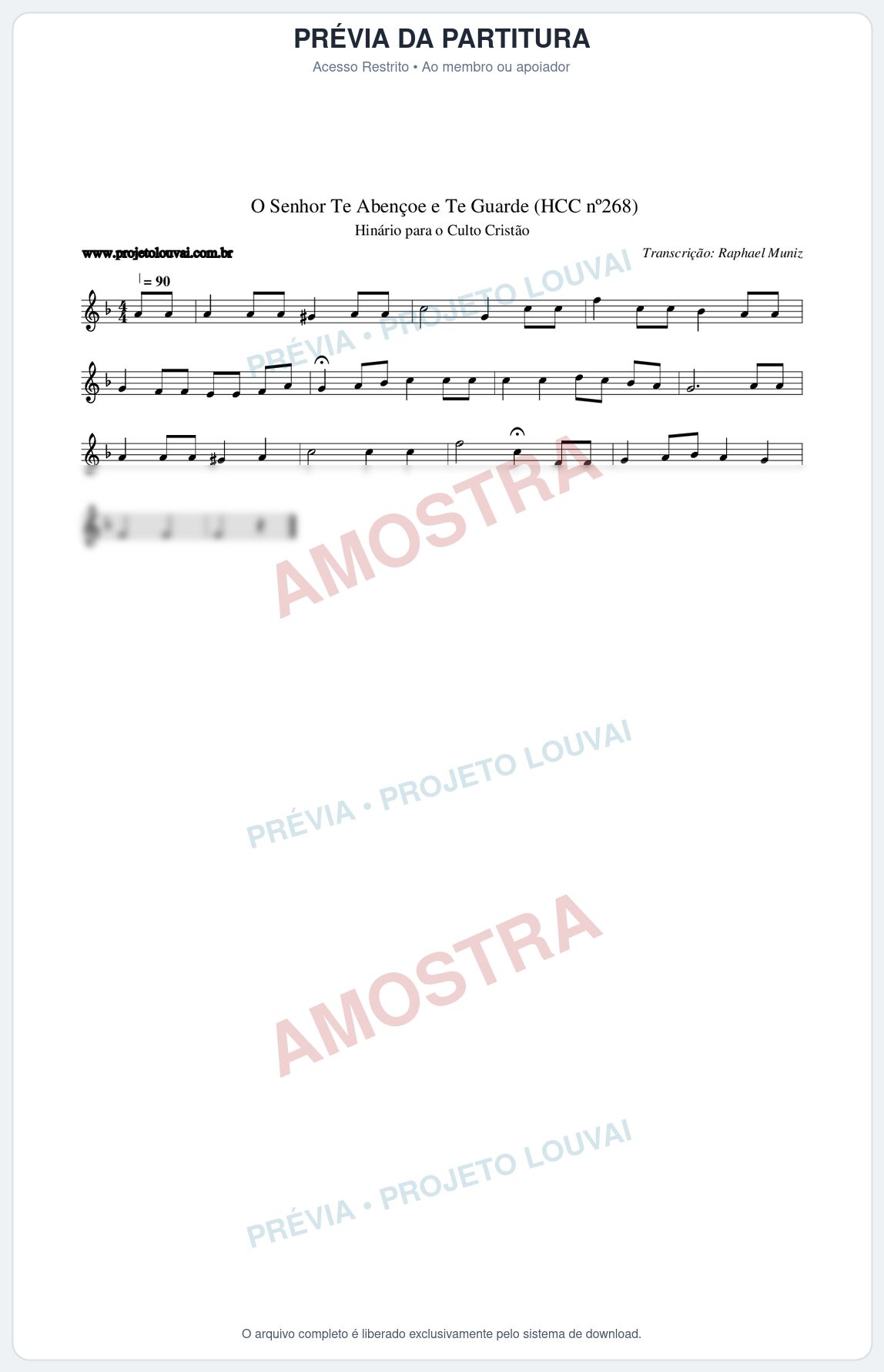 Prévia protegida da primeira página da partitura Partitura da música O Senhor Te Abençoe e Te Guarde (HCC nº268) - Hinário para o Culto Cristão - Tom F