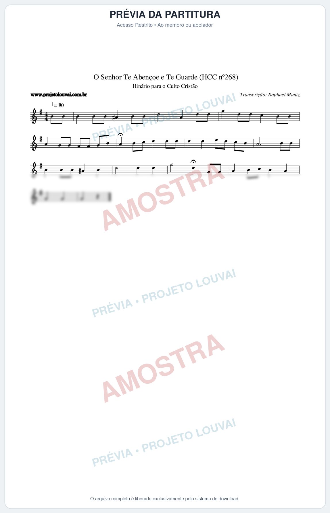Prévia protegida da primeira página da partitura Partitura da música O Senhor Te Abençoe e Te Guarde (HCC nº268) - Hinário para o Culto Cristão - Tom G