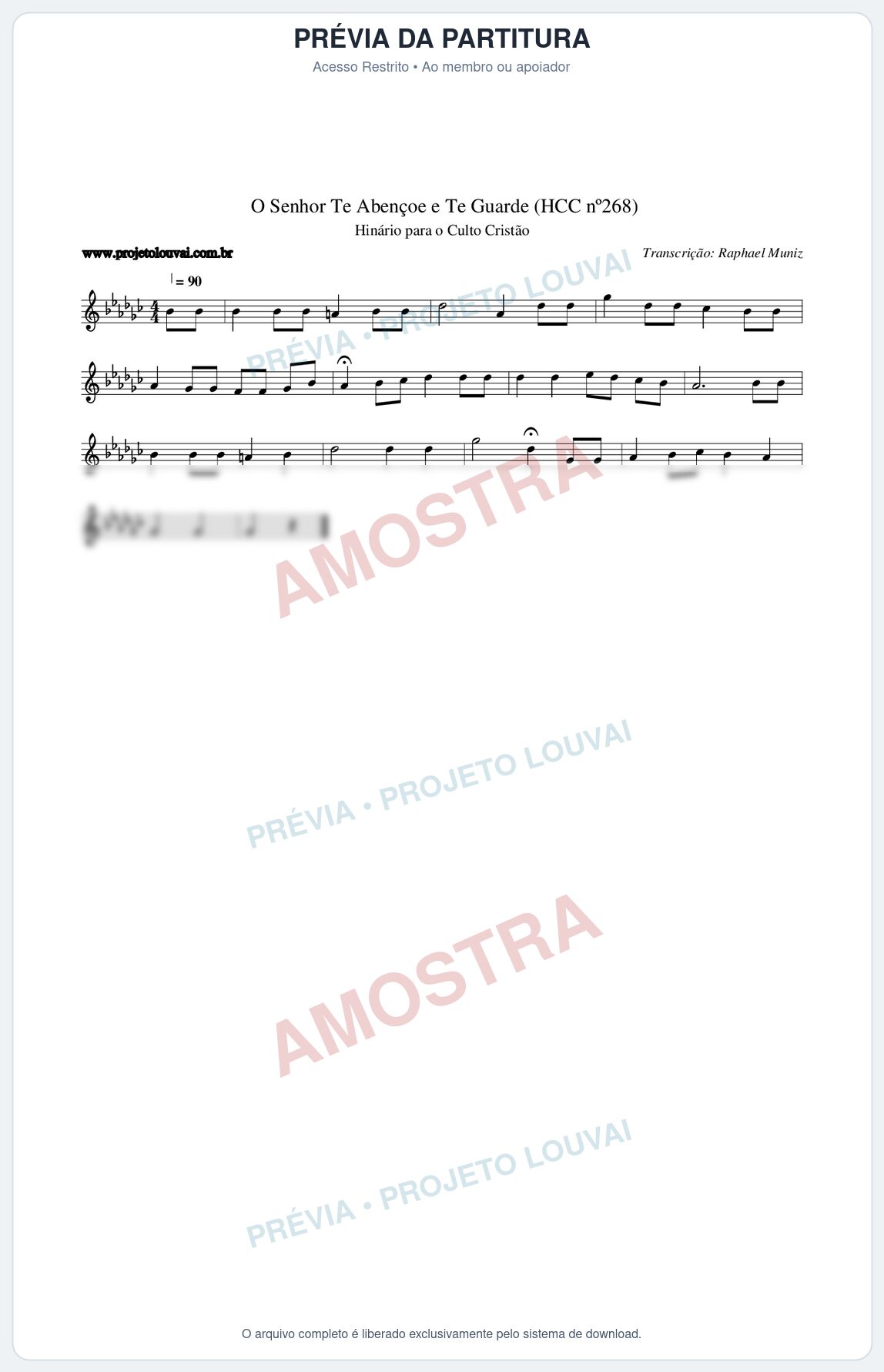 Prévia protegida da primeira página da partitura Partitura da música O Senhor Te Abençoe e Te Guarde (HCC nº268) - Hinário para o Culto Cristão - Tom Gb