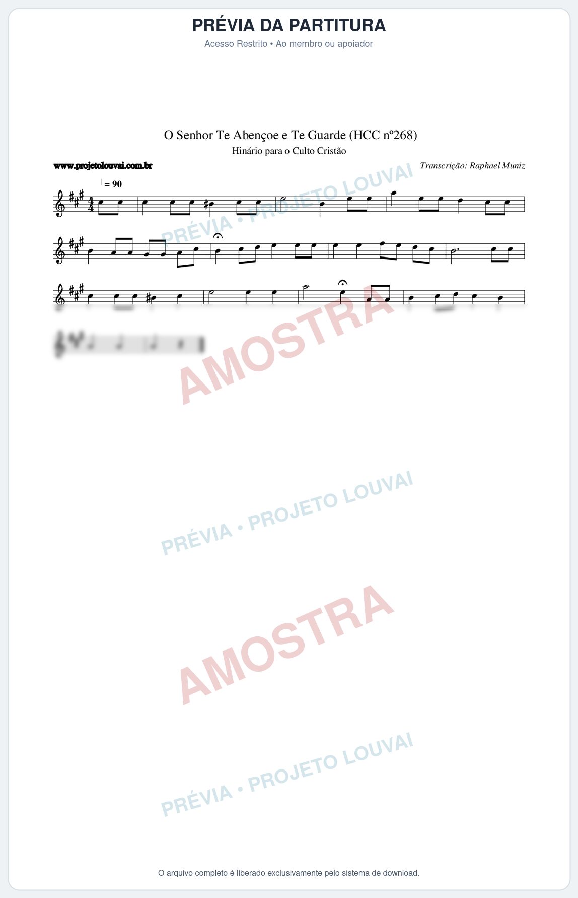 Prévia protegida da primeira página da partitura Partitura da música O Senhor Te Abençoe e Te Guarde (HCC nº268) - Hinário para o Culto Cristão - Tom A