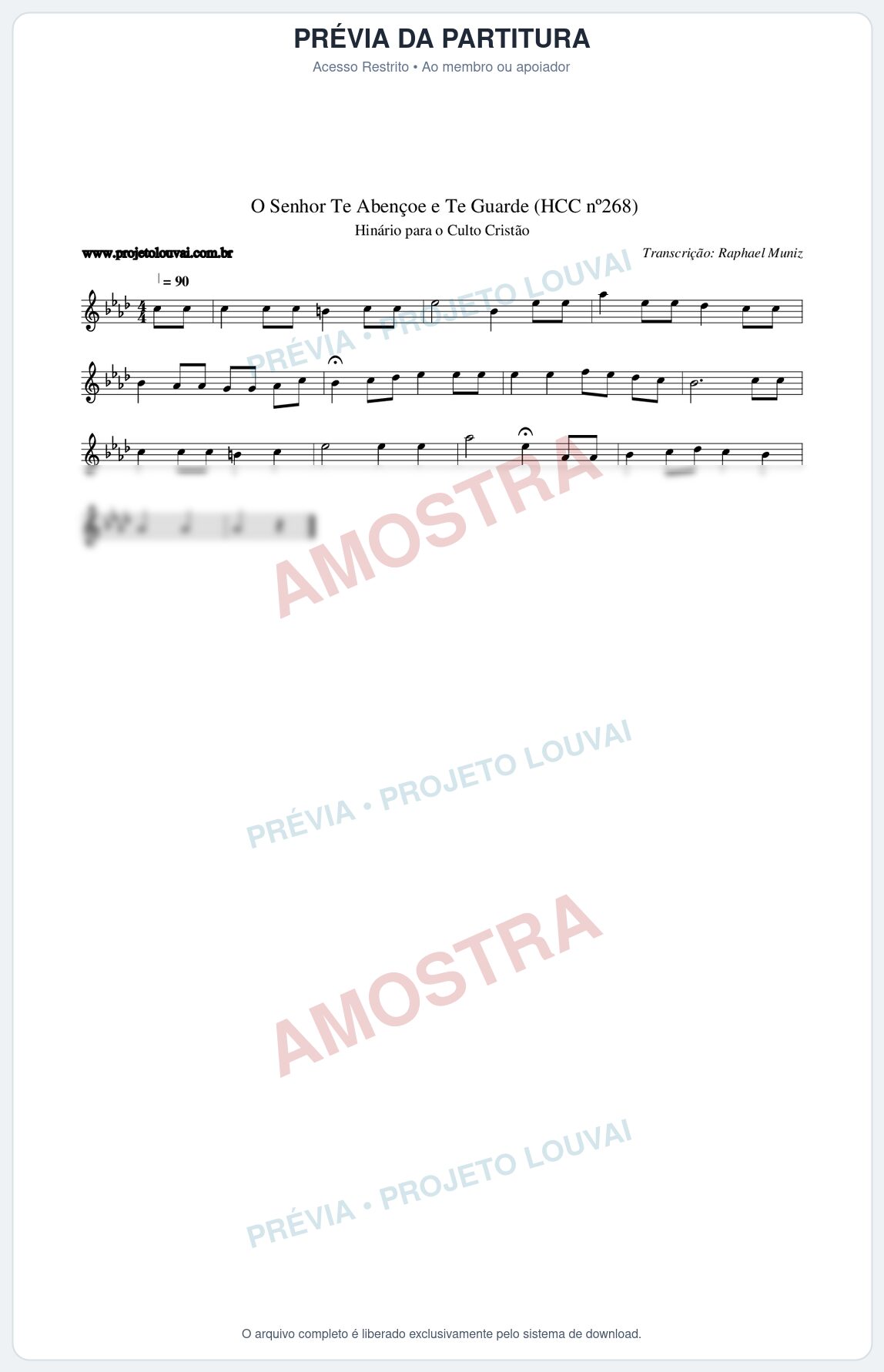 Prévia protegida da primeira página da partitura Partitura da música O Senhor Te Abençoe e Te Guarde (HCC nº268) - Hinário para o Culto Cristão - Tom Ab