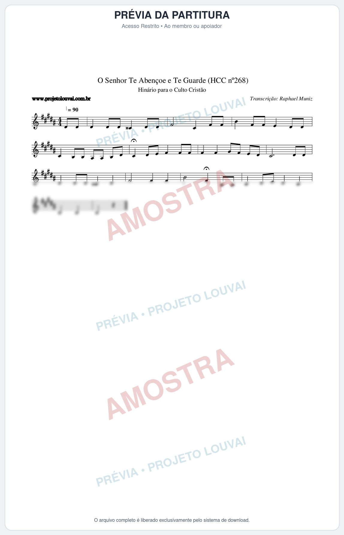 Prévia protegida da primeira página da partitura Partitura da música O Senhor Te Abençoe e Te Guarde (HCC nº268) - Hinário para o Culto Cristão - Tom B
