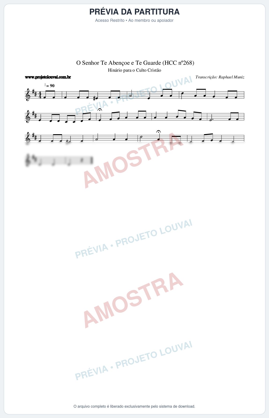 Prévia protegida da primeira página da partitura Partitura da música O Senhor Te Abençoe e Te Guarde (HCC nº268) - Hinário para o Culto Cristão - Tom D