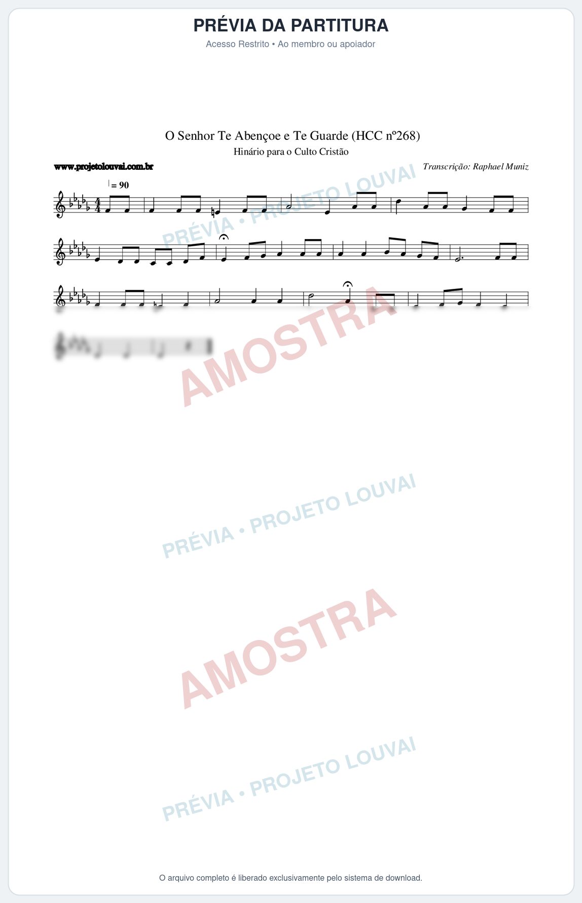 Prévia protegida da primeira página da partitura Partitura da música O Senhor Te Abençoe e Te Guarde (HCC nº268) - Hinário para o Culto Cristão - Tom Db