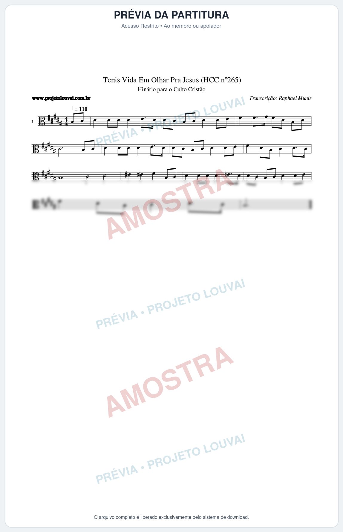 Prévia protegida da primeira página da partitura Partitura da música Terás Vida Em Olhar Pra Jesus (HCC nº265) - Hinário para o Culto Cristão - Tom B