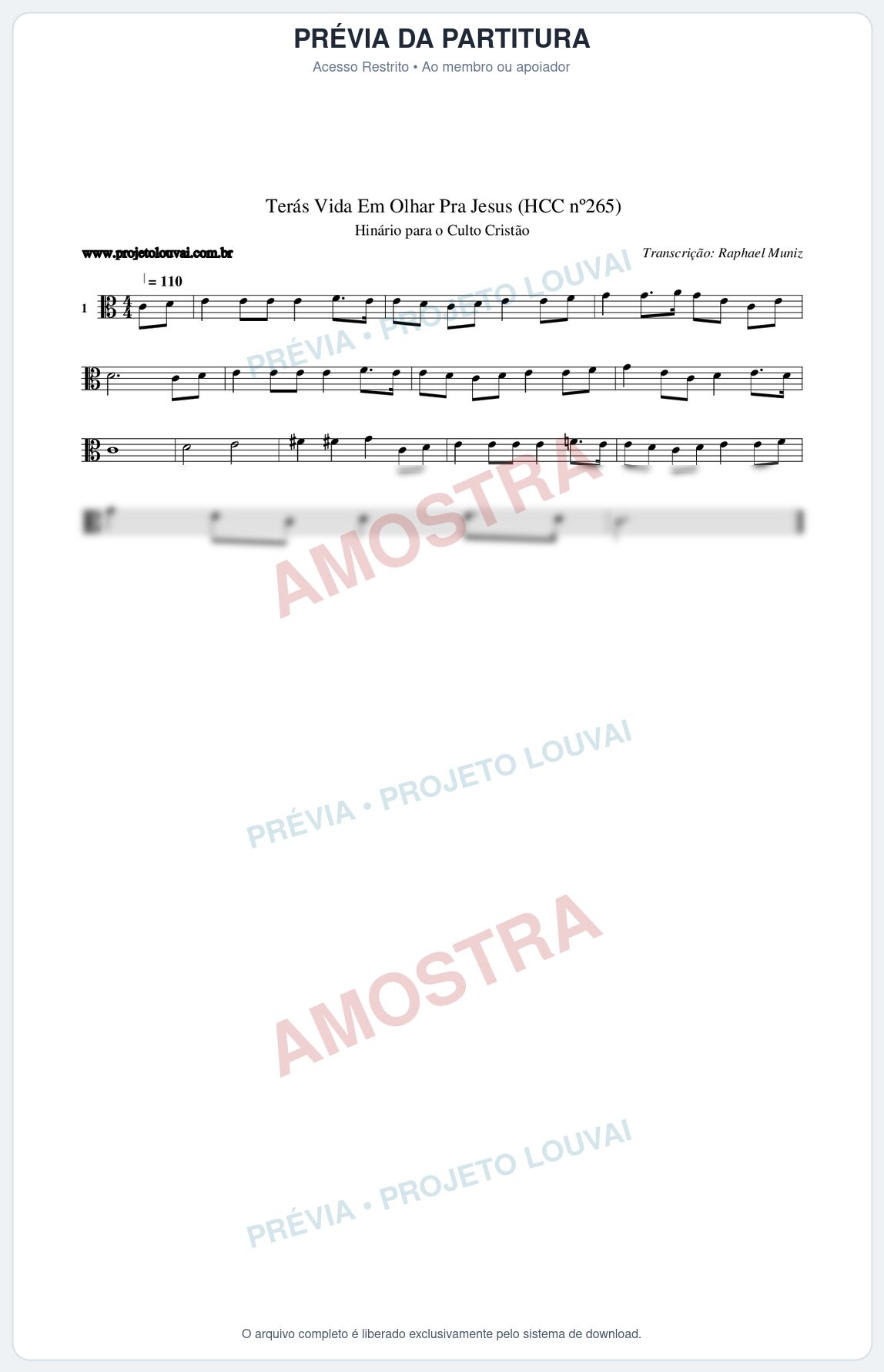 Prévia protegida da primeira página da partitura Partitura da música Terás Vida Em Olhar Pra Jesus (HCC nº265) - Hinário para o Culto Cristão - Tom C