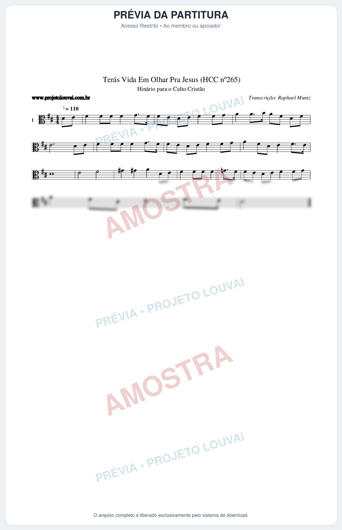 Prévia protegida da primeira página da partitura Partitura da música Terás Vida Em Olhar Pra Jesus (HCC nº265) - Hinário para o Culto Cristão - Tom D