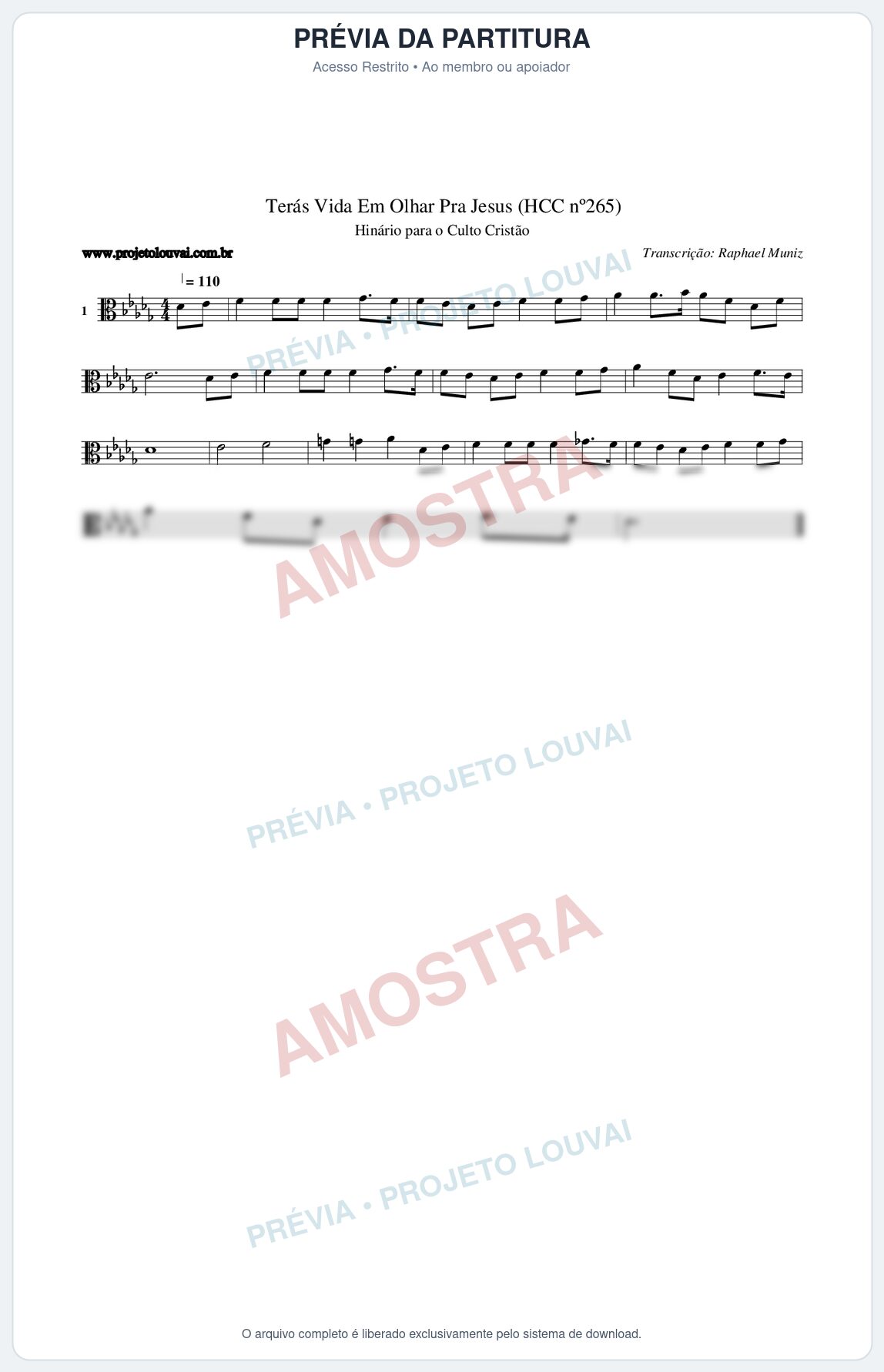 Prévia protegida da primeira página da partitura Partitura da música Terás Vida Em Olhar Pra Jesus (HCC nº265) - Hinário para o Culto Cristão - Tom Db