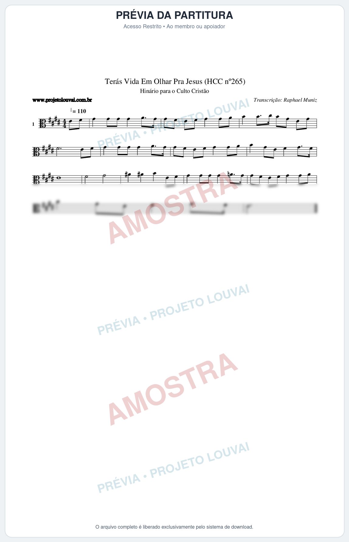 Prévia protegida da primeira página da partitura Partitura da música Terás Vida Em Olhar Pra Jesus (HCC nº265) - Hinário para o Culto Cristão - Tom E