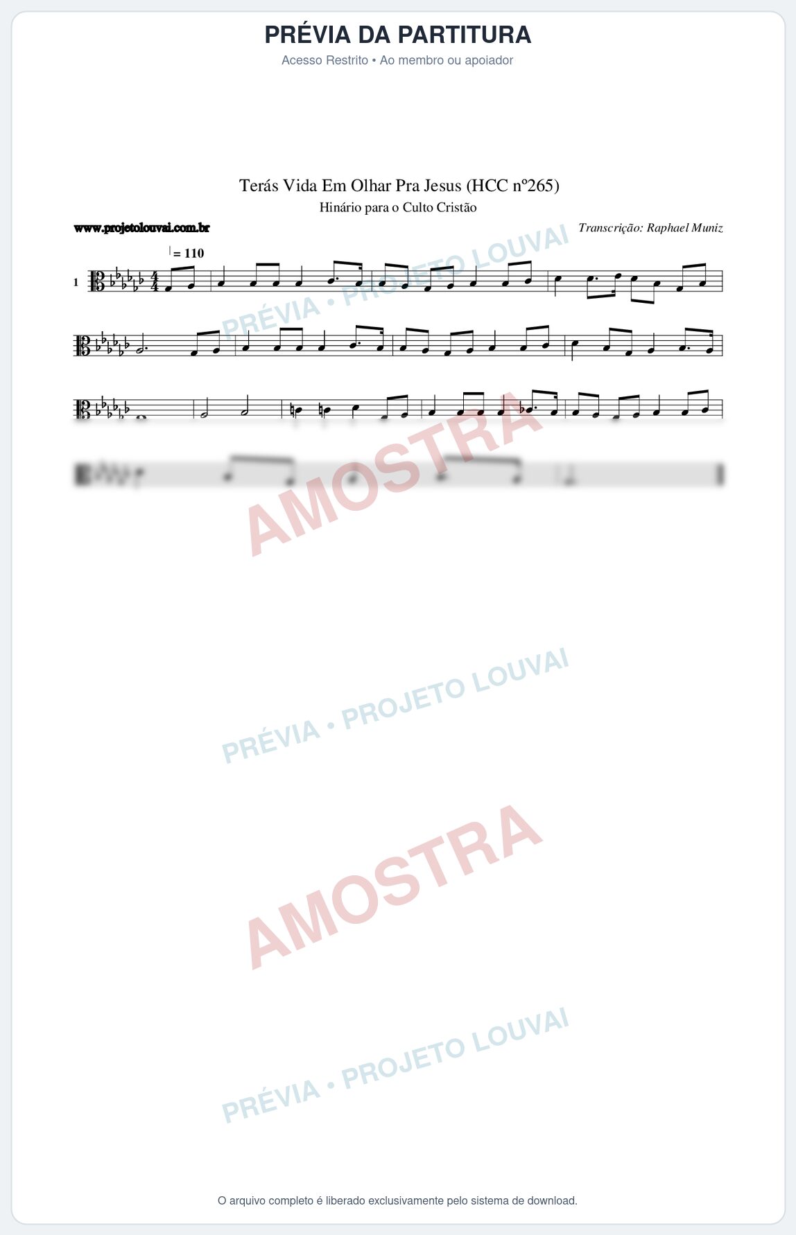 Prévia protegida da primeira página da partitura Partitura da música Terás Vida Em Olhar Pra Jesus (HCC nº265) - Hinário para o Culto Cristão - Tom Gb