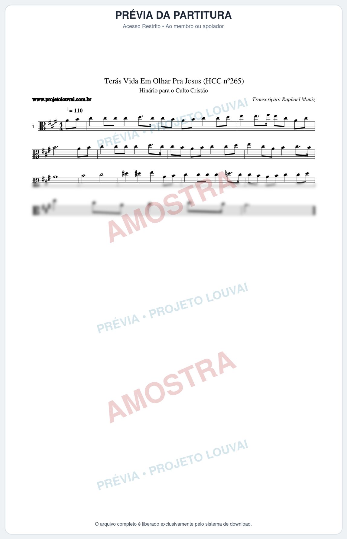 Prévia protegida da primeira página da partitura Partitura da música Terás Vida Em Olhar Pra Jesus (HCC nº265) - Hinário para o Culto Cristão - Tom A