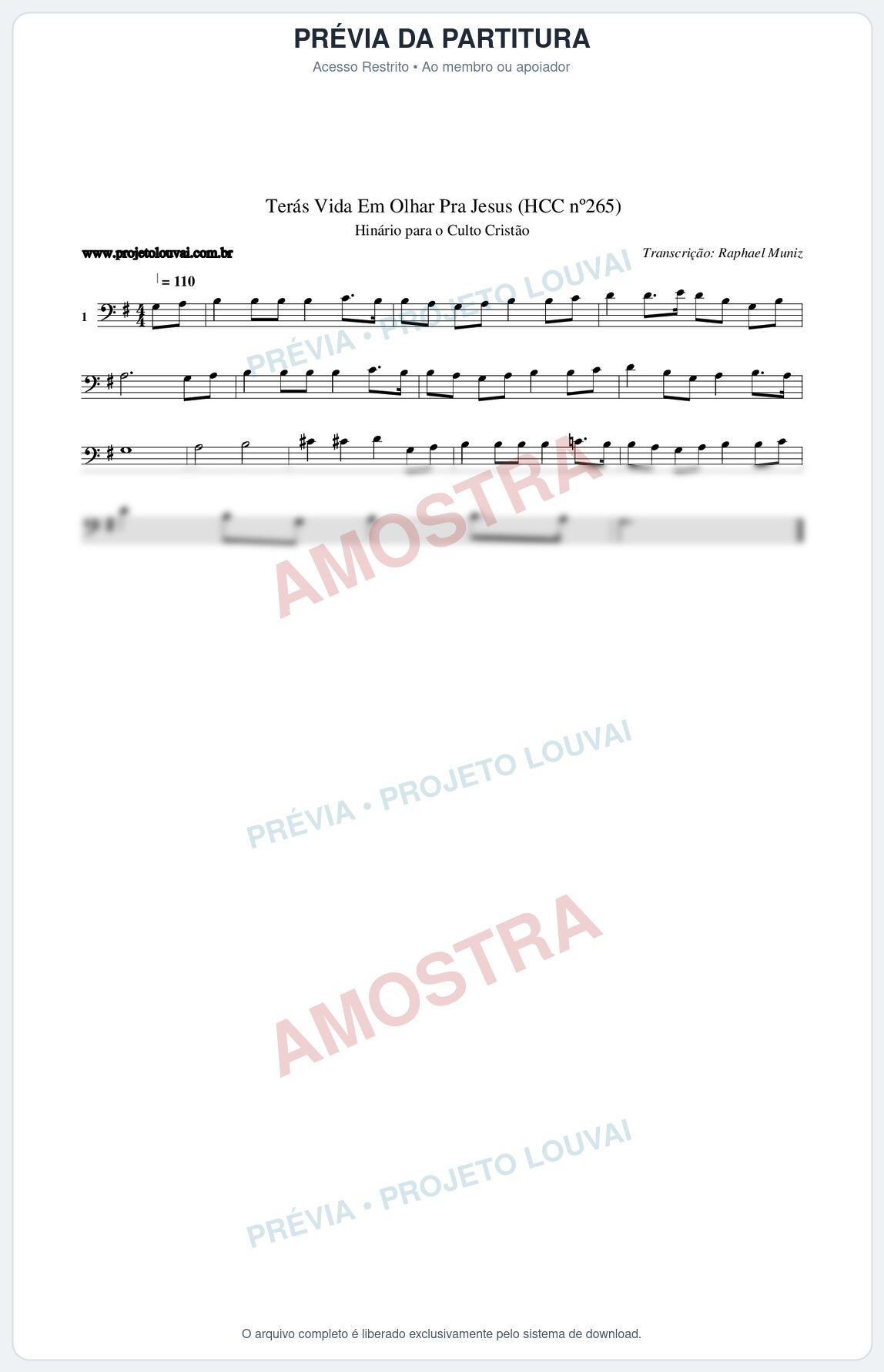 Prévia protegida da primeira página da partitura Partitura da música Terás Vida Em Olhar Pra Jesus (HCC nº265) - Hinário para o Culto Cristão - Tom G