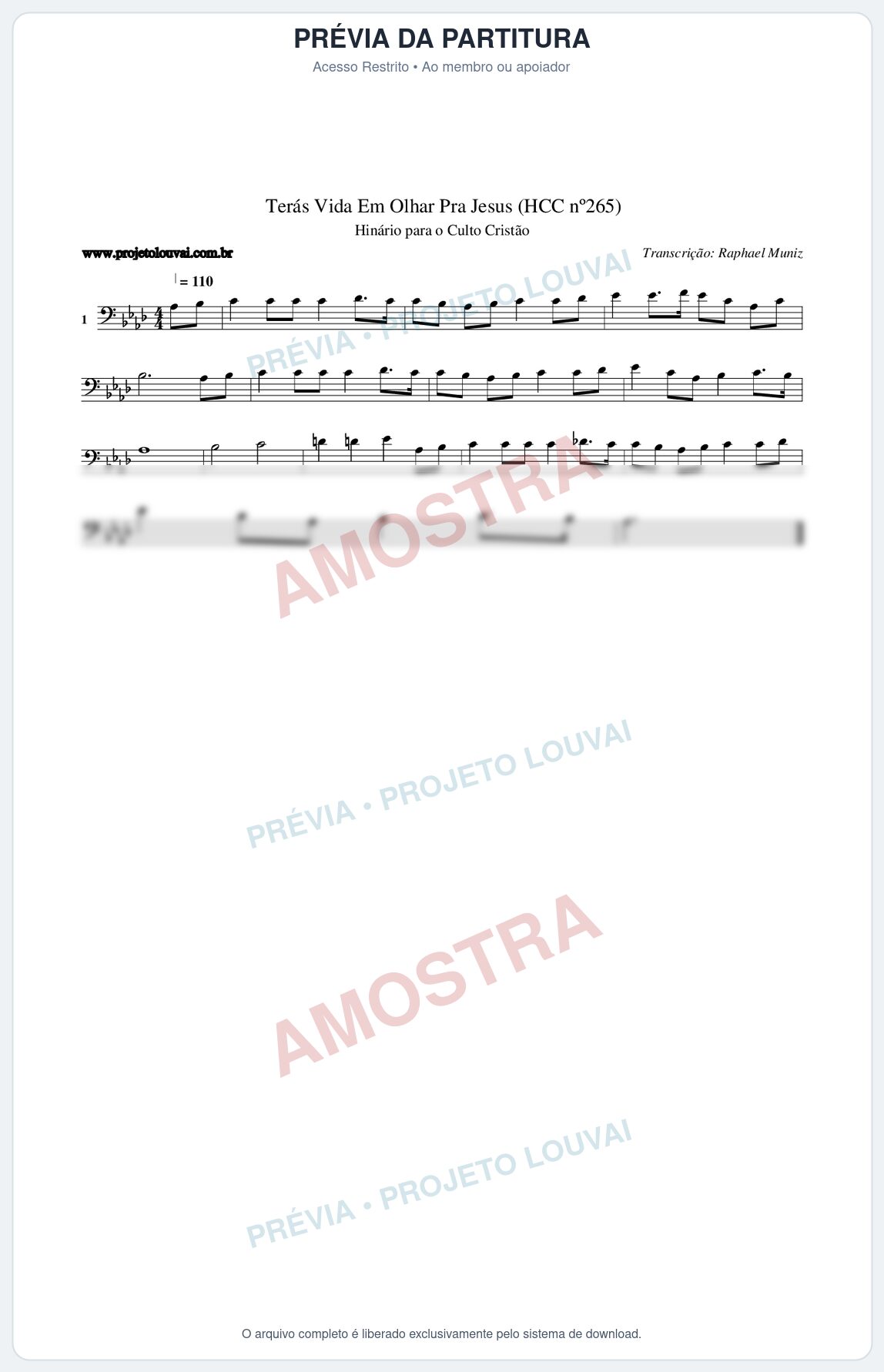 Prévia protegida da primeira página da partitura Partitura da música Terás Vida Em Olhar Pra Jesus (HCC nº265) - Hinário para o Culto Cristão - Tom Ab