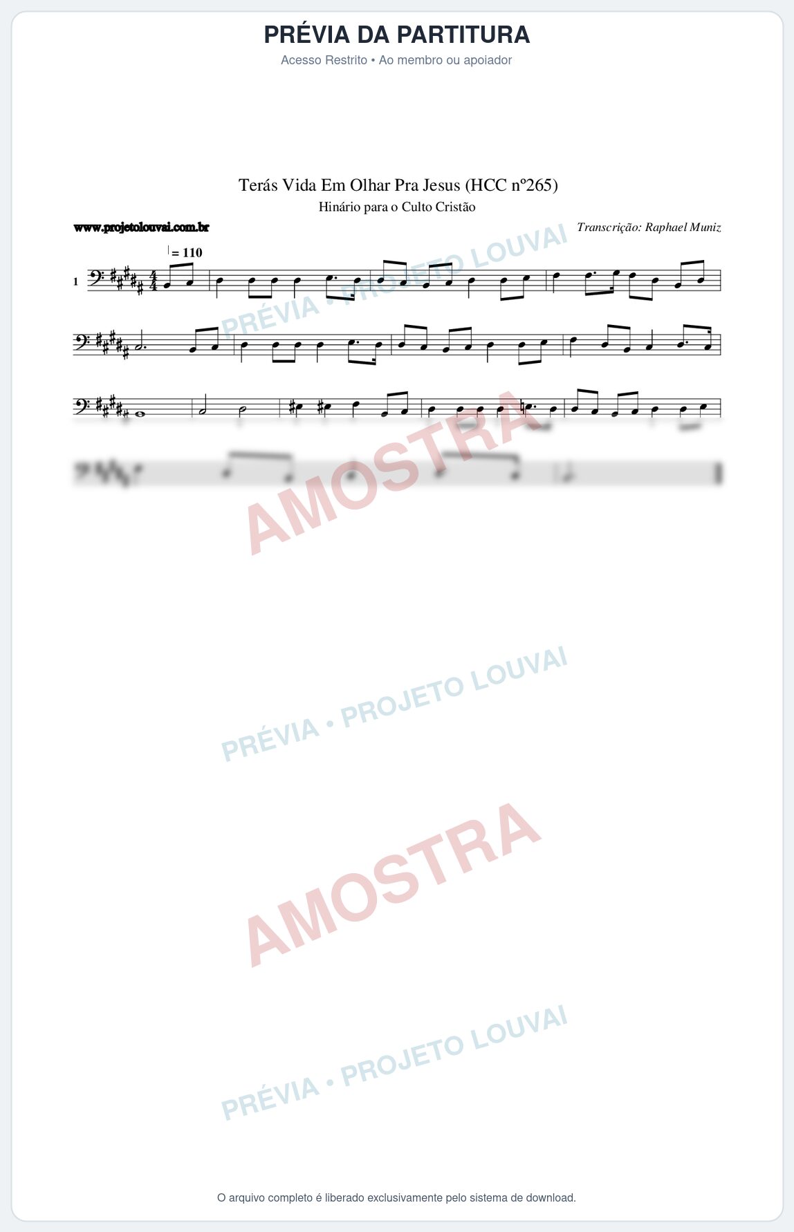 Prévia protegida da primeira página da partitura Partitura da música Terás Vida Em Olhar Pra Jesus (HCC nº265) - Hinário para o Culto Cristão - Tom B