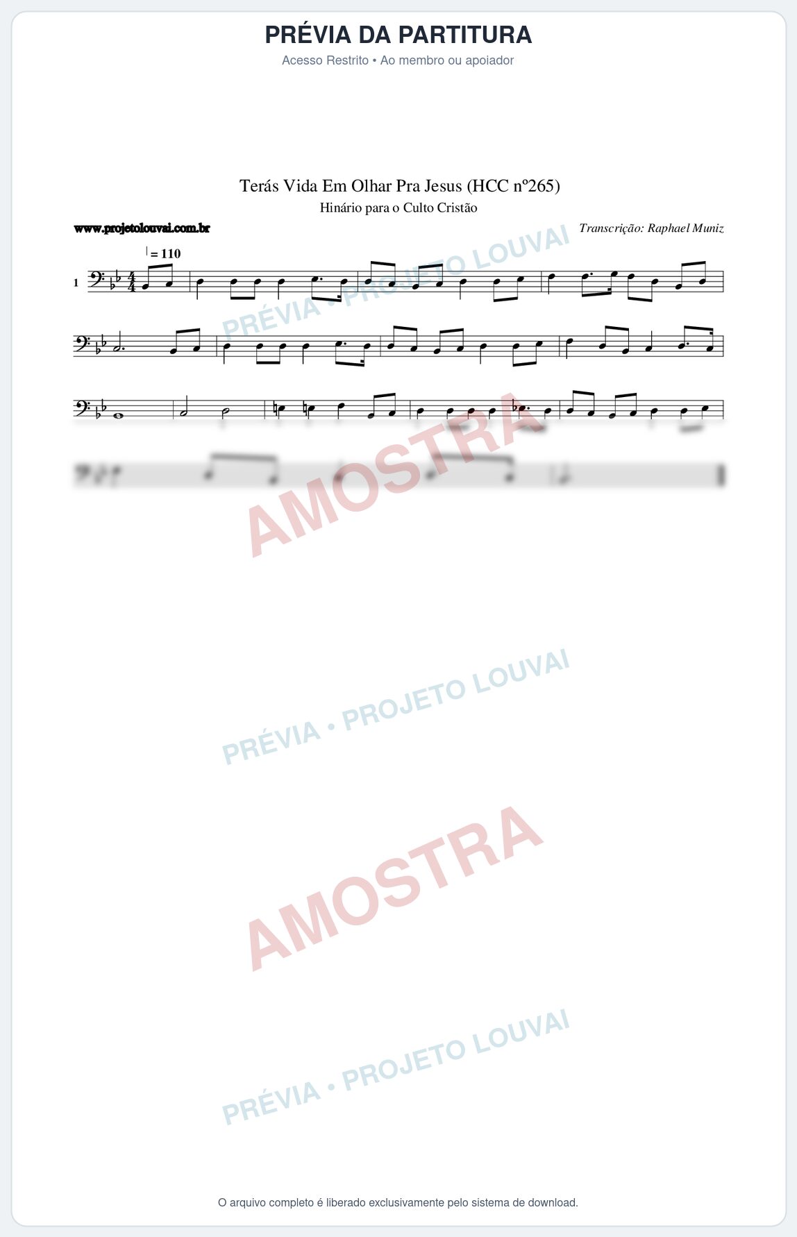 Prévia protegida da primeira página da partitura Partitura da música Terás Vida Em Olhar Pra Jesus (HCC nº265) - Hinário para o Culto Cristão - Tom Bb