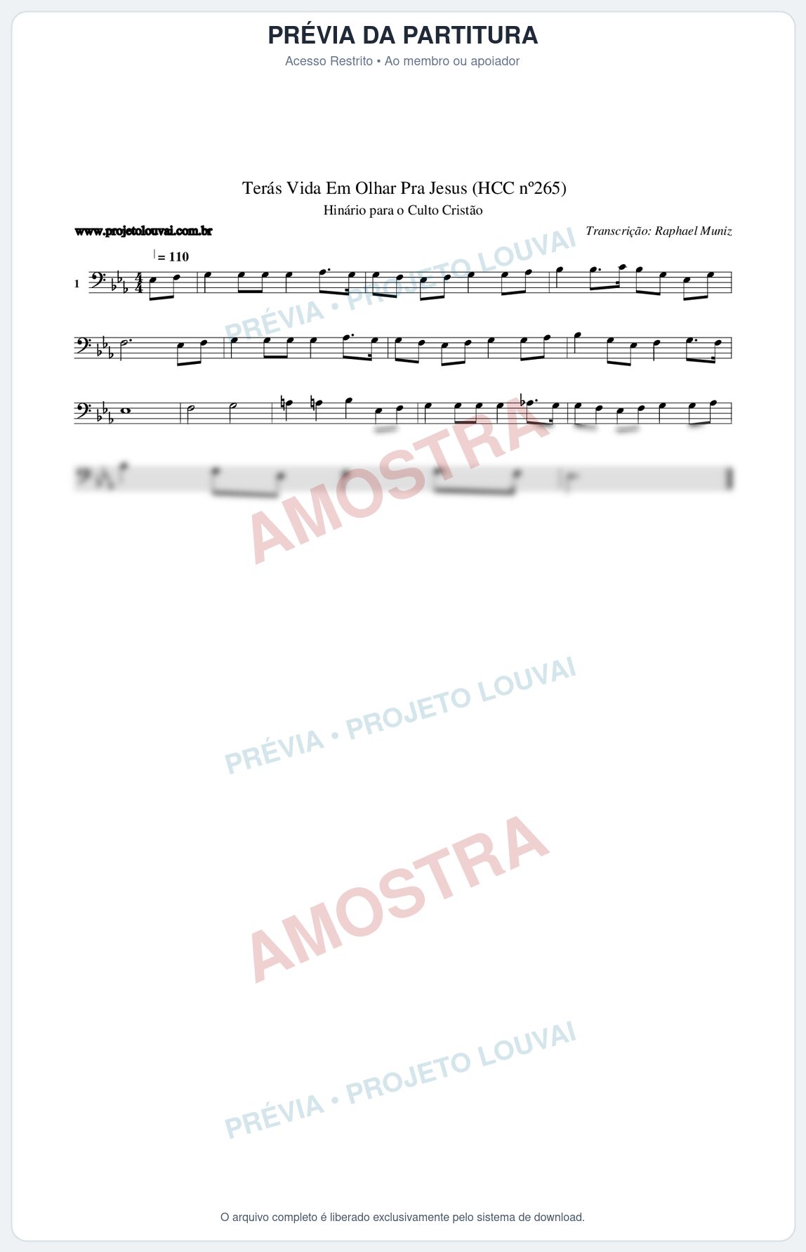 Prévia protegida da primeira página da partitura Partitura da música Terás Vida Em Olhar Pra Jesus (HCC nº265) - Hinário para o Culto Cristão - Tom Eb