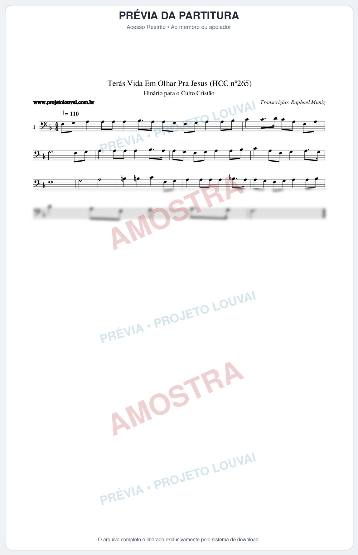 Prévia protegida da primeira página da partitura Partitura da música Terás Vida Em Olhar Pra Jesus (HCC nº265) - Hinário para o Culto Cristão - Tom F