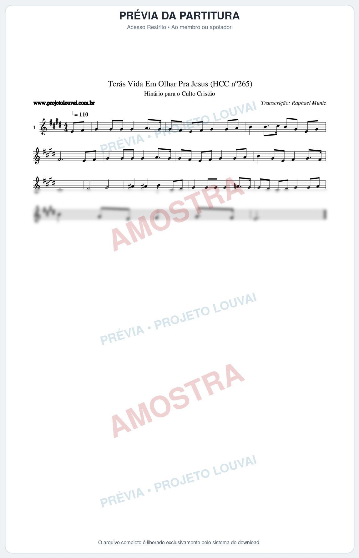 Prévia protegida da primeira página da partitura Partitura da música Terás Vida Em Olhar Pra Jesus (HCC nº265) - Hinário para o Culto Cristão - Tom E