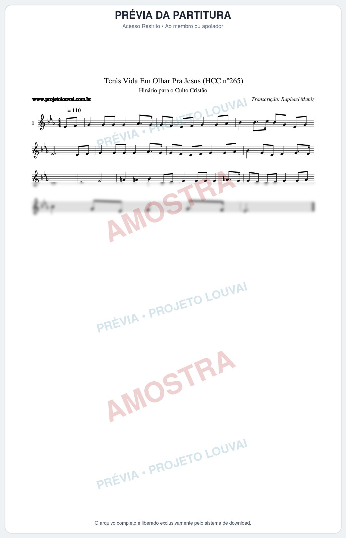 Prévia protegida da primeira página da partitura Partitura da música Terás Vida Em Olhar Pra Jesus (HCC nº265) - Hinário para o Culto Cristão - Tom Eb