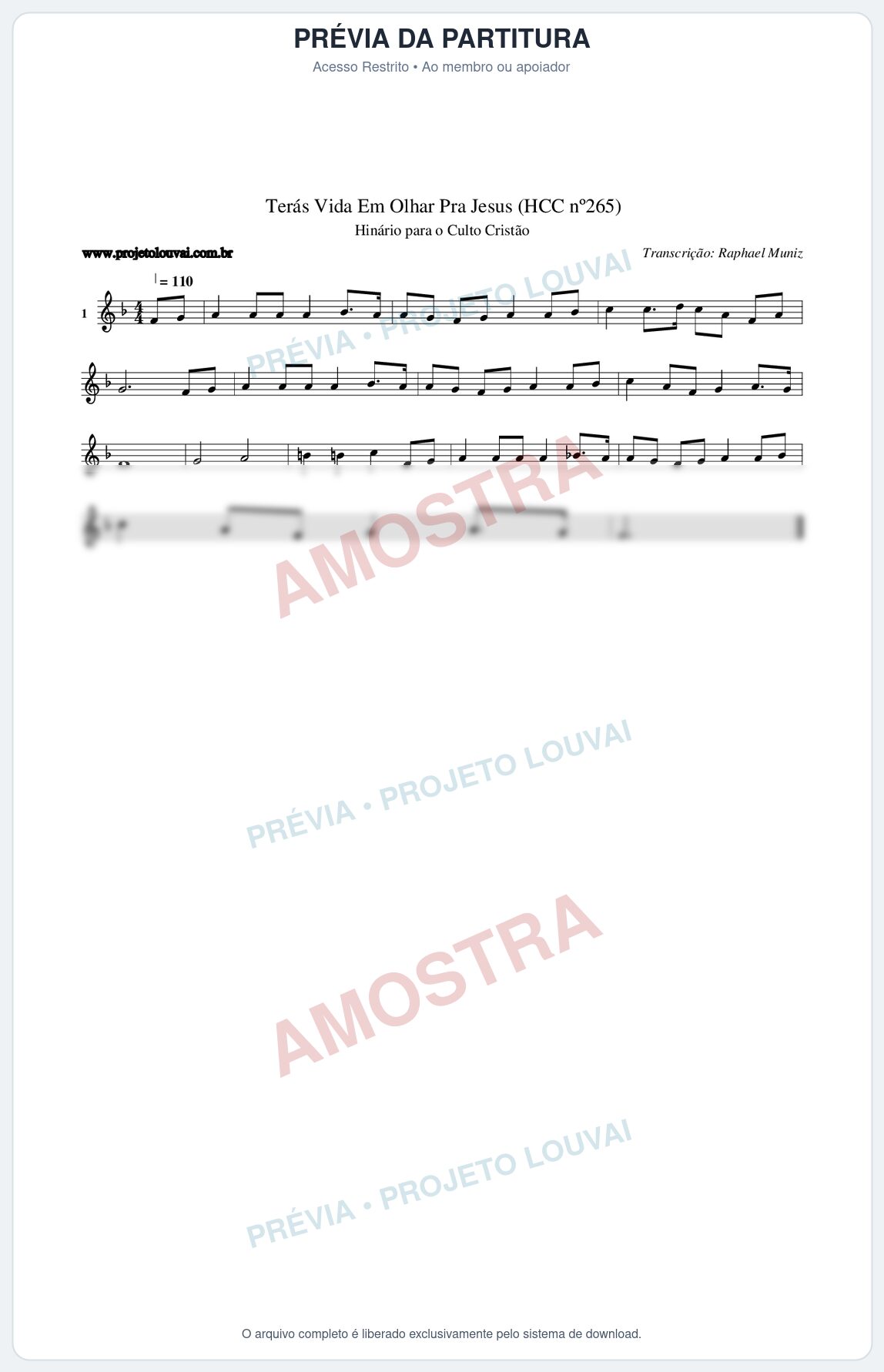 Prévia protegida da primeira página da partitura Partitura da música Terás Vida Em Olhar Pra Jesus (HCC nº265) - Hinário para o Culto Cristão - Tom F