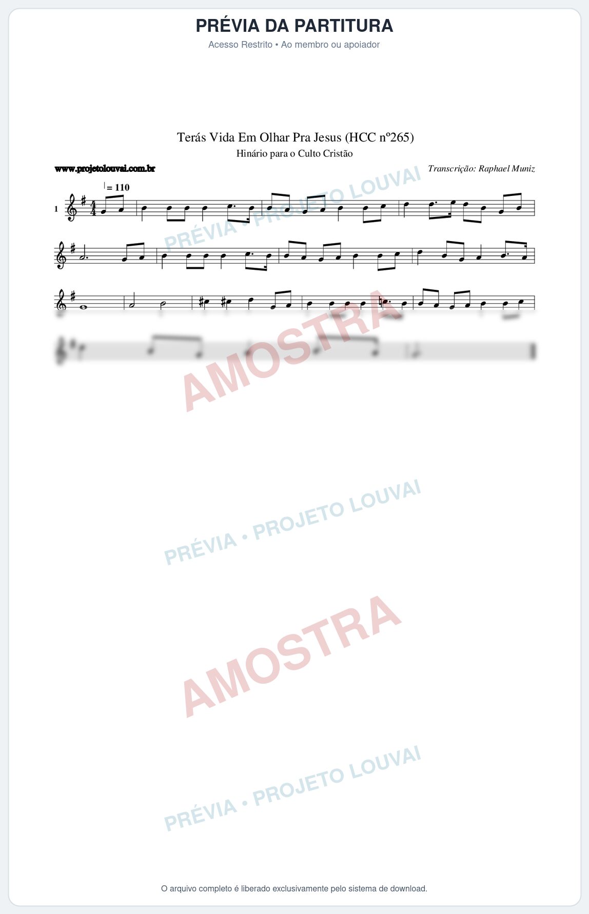 Prévia protegida da primeira página da partitura Partitura da música Terás Vida Em Olhar Pra Jesus (HCC nº265) - Hinário para o Culto Cristão - Tom G