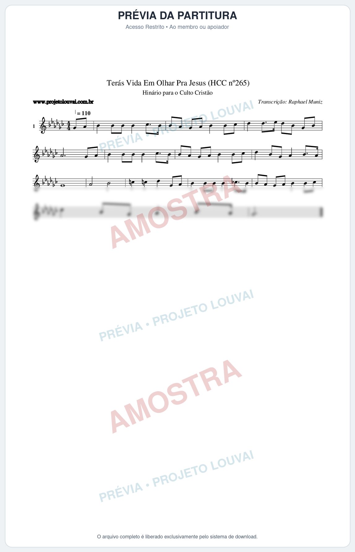 Prévia protegida da primeira página da partitura Partitura da música Terás Vida Em Olhar Pra Jesus (HCC nº265) - Hinário para o Culto Cristão - Tom Gb