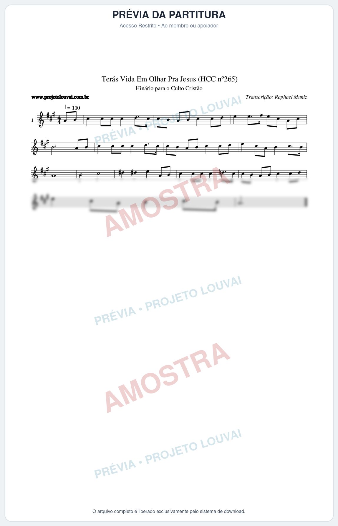 Prévia protegida da primeira página da partitura Partitura da música Terás Vida Em Olhar Pra Jesus (HCC nº265) - Hinário para o Culto Cristão - Tom A