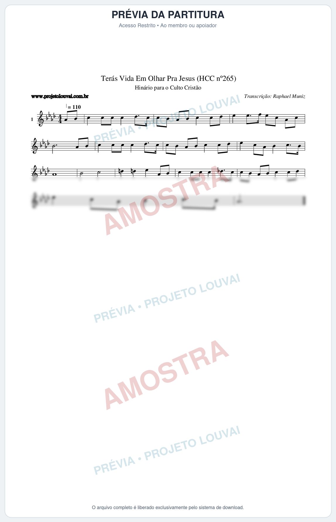 Prévia protegida da primeira página da partitura Partitura da música Terás Vida Em Olhar Pra Jesus (HCC nº265) - Hinário para o Culto Cristão - Tom Ab